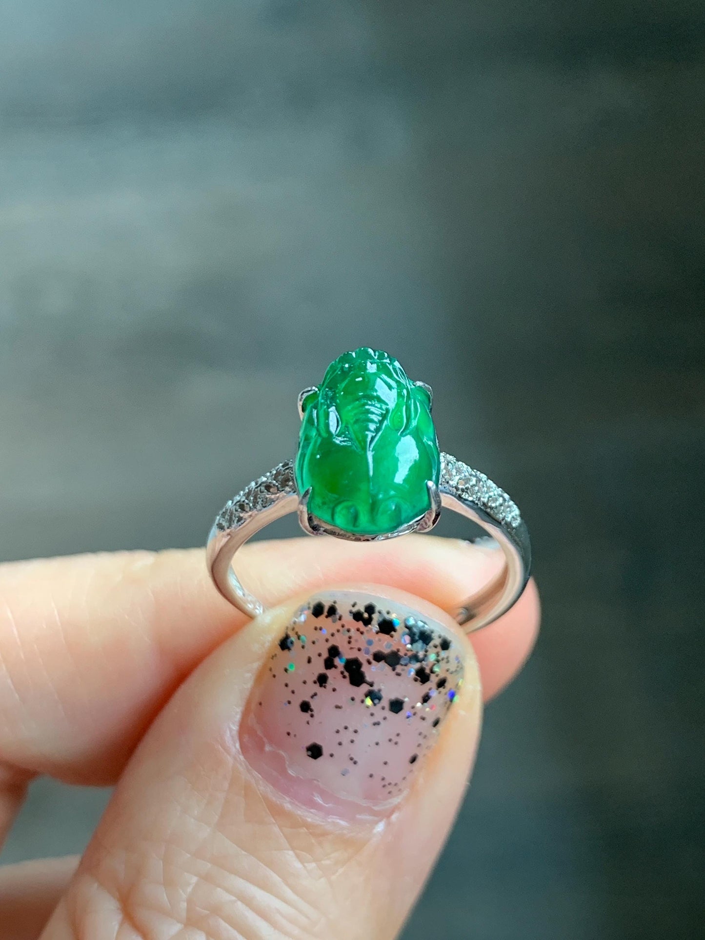 Natural Grade A Guatemalan Icy Translucent Vibrant Green Jade Jadeite Pixiu Ring Sterling Silver Size 7 Adjustable 天然冰危绿翡翠貔貅银镶戒指 WPX110