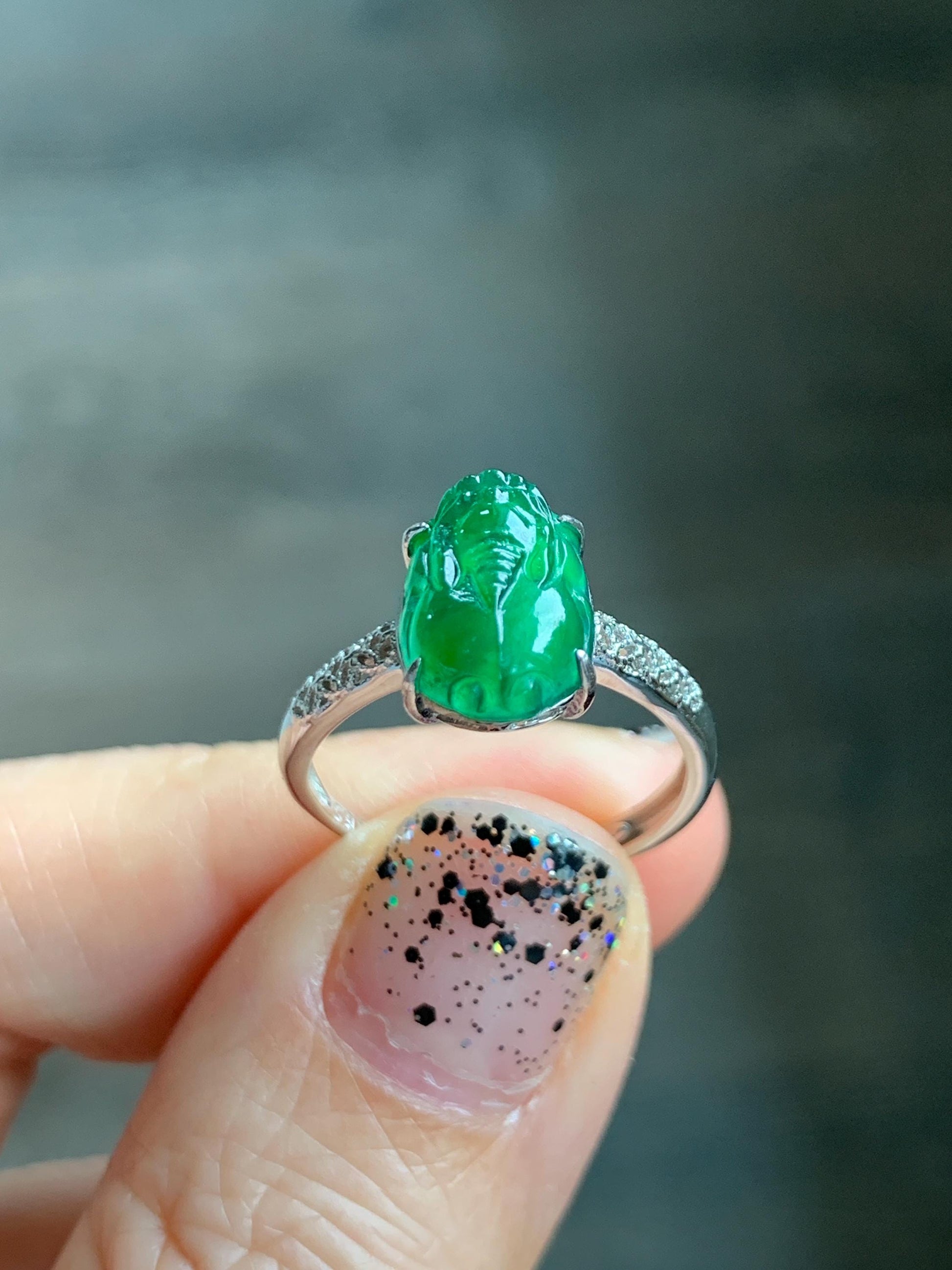 Natural Grade A Guatemalan Icy Translucent Vibrant Green Jade Jadeite Pixiu Ring Sterling Silver Size 7 Adjustable 天然冰危绿翡翠貔貅银镶戒指 WPX110