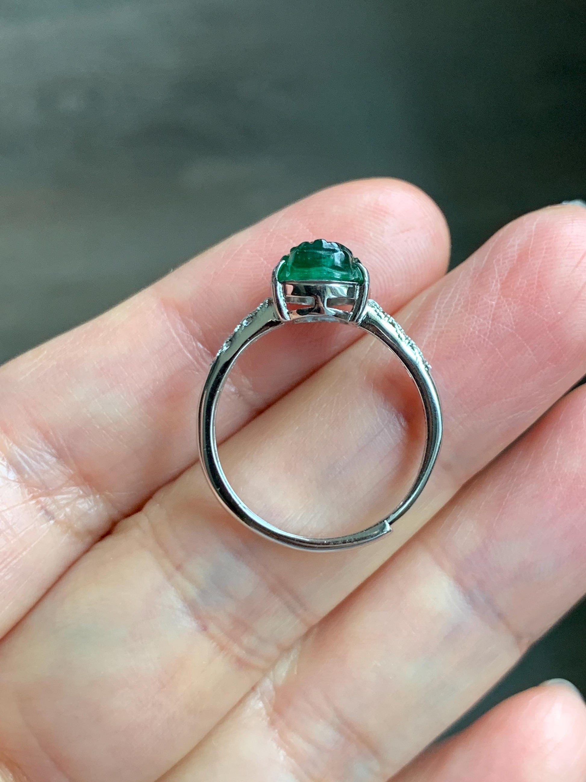 Natural Grade A Guatemalan Icy Translucent Vibrant Green Jade Jadeite Pixiu Ring Sterling Silver Size 7 Adjustable 天然冰危绿翡翠貔貅银镶戒指 WPX110