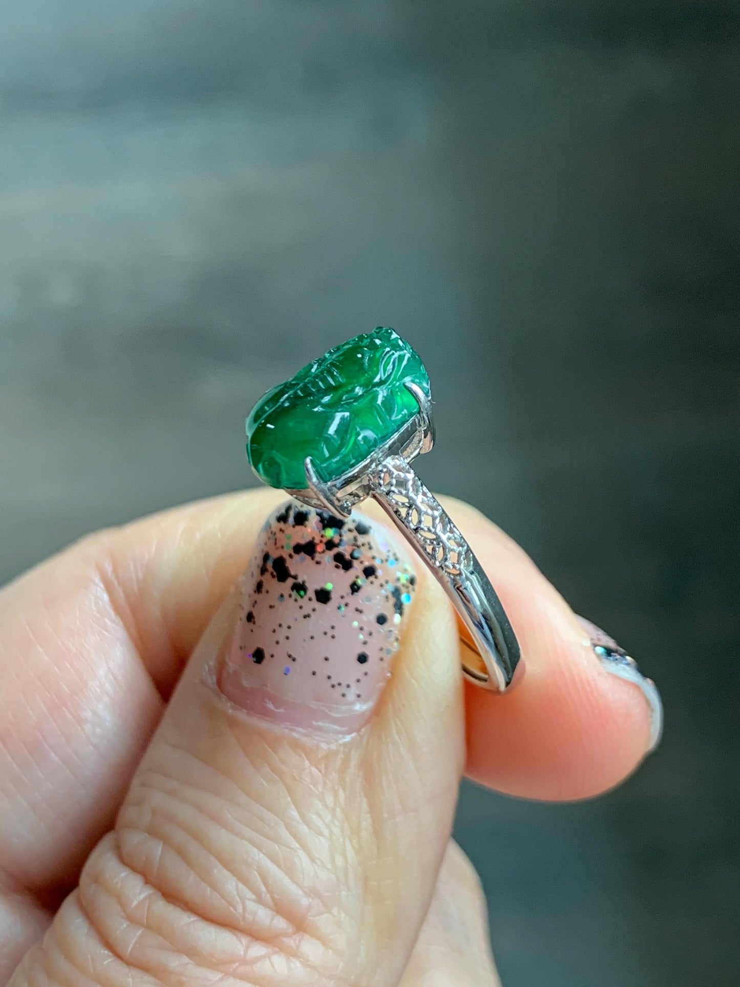 Natural Grade A Guatemalan Icy Translucent Vibrant Green Jade Jadeite Pixiu Ring Sterling Silver Size 7 Adjustable 天然冰危绿翡翠貔貅银镶戒指 WPX110