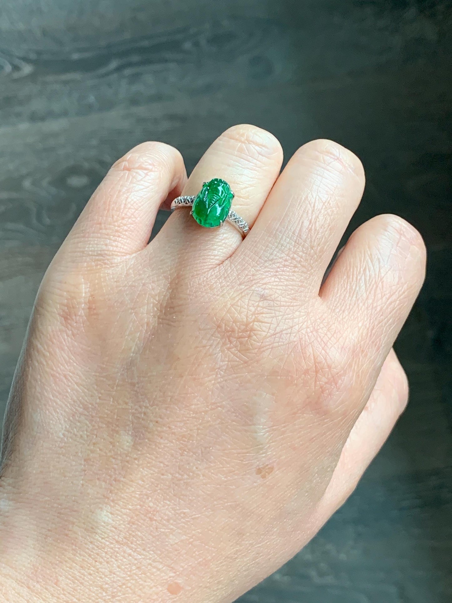 Natural Grade A Guatemalan Icy Translucent Vibrant Green Jade Jadeite Pixiu Ring Sterling Silver Size 7 Adjustable 天然冰危绿翡翠貔貅银镶戒指 WPX110
