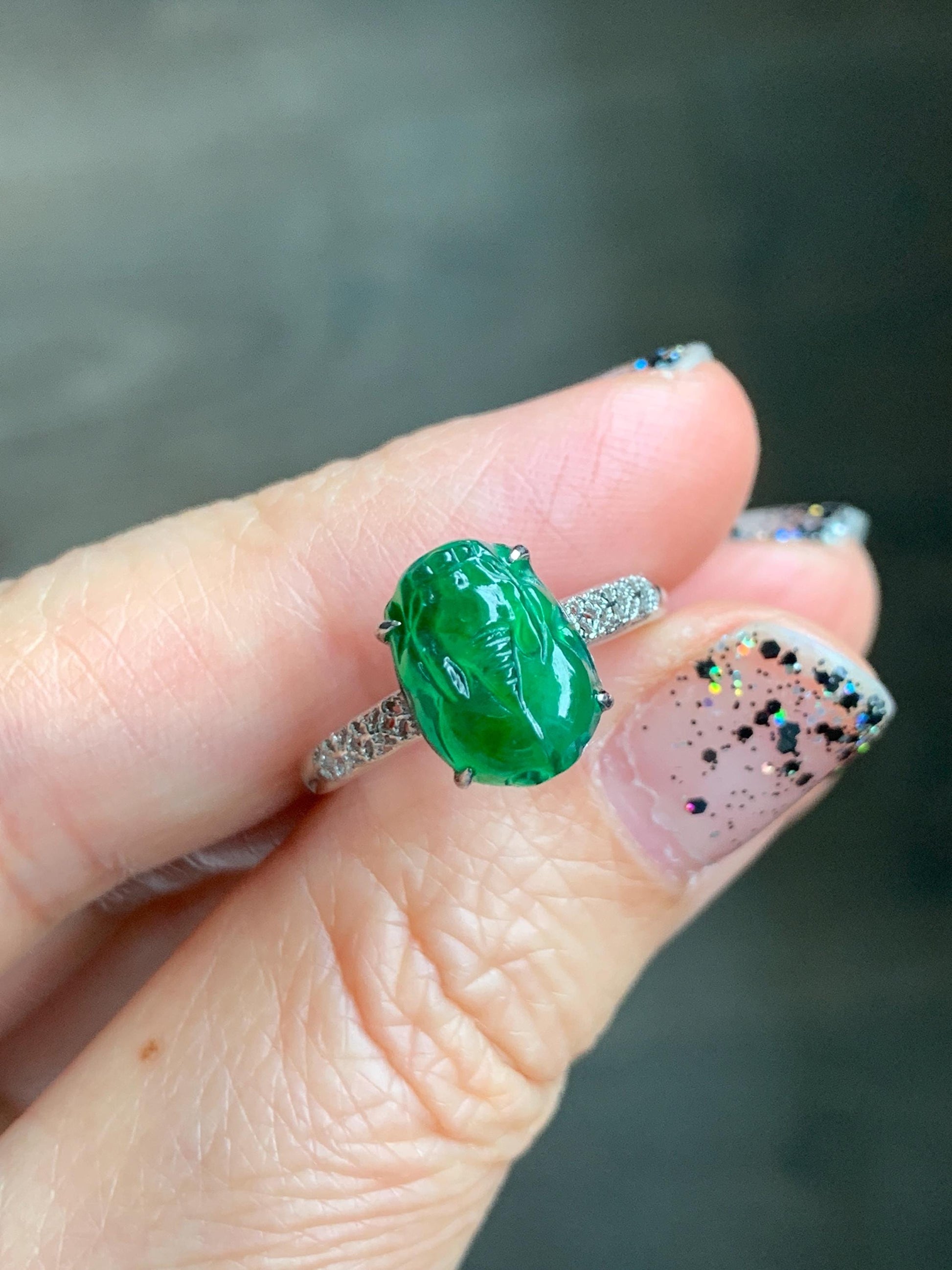 Natural Grade A Guatemalan Icy Translucent Vibrant Green Jade Jadeite Pixiu Ring Sterling Silver Size 7 Adjustable 天然冰危绿翡翠貔貅银镶戒指 WPX110