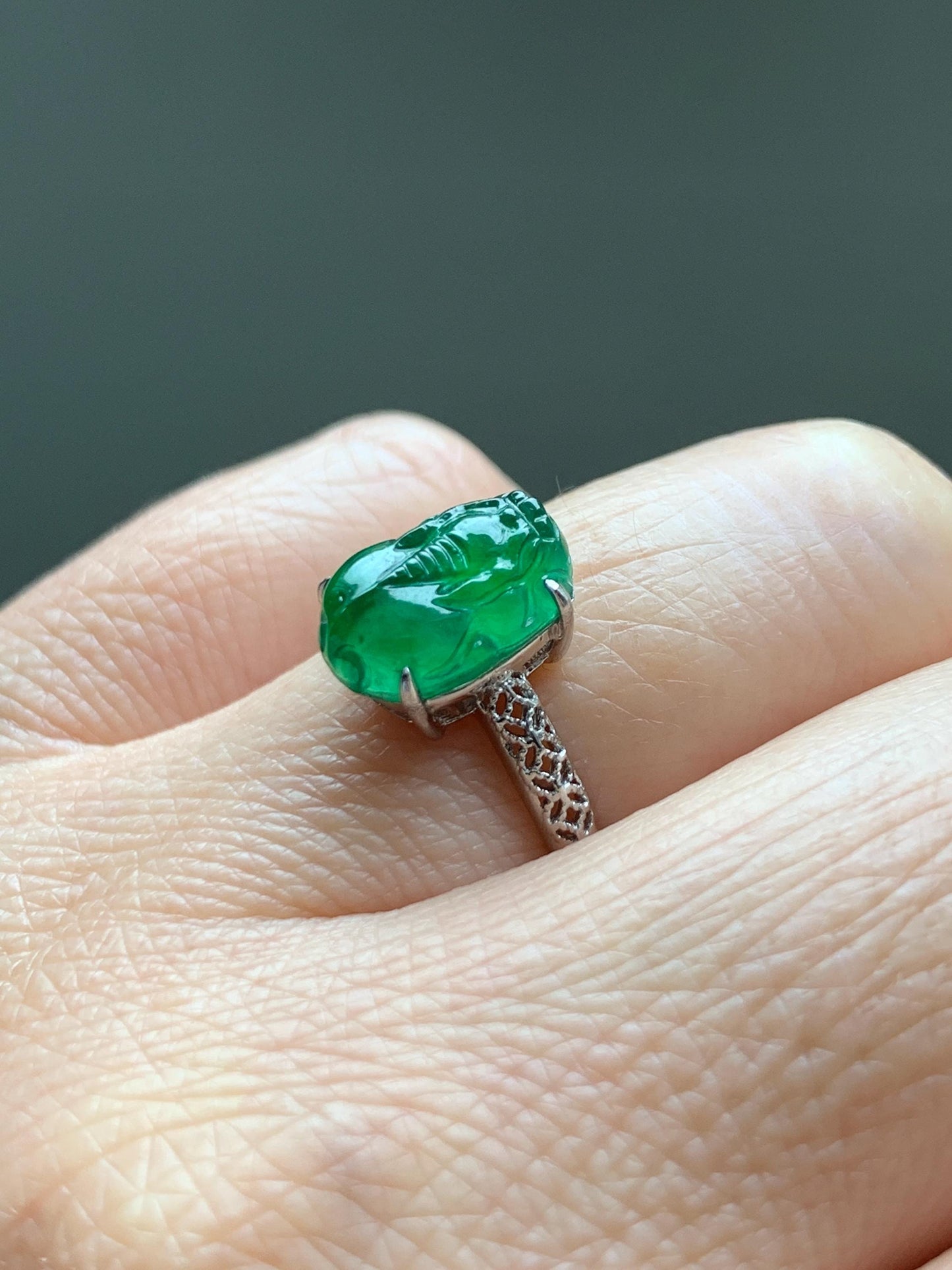 Natural Grade A Guatemalan Icy Translucent Vibrant Green Jade Jadeite Pixiu Ring Sterling Silver Size 7 Adjustable 天然冰危绿翡翠貔貅银镶戒指 WPX110