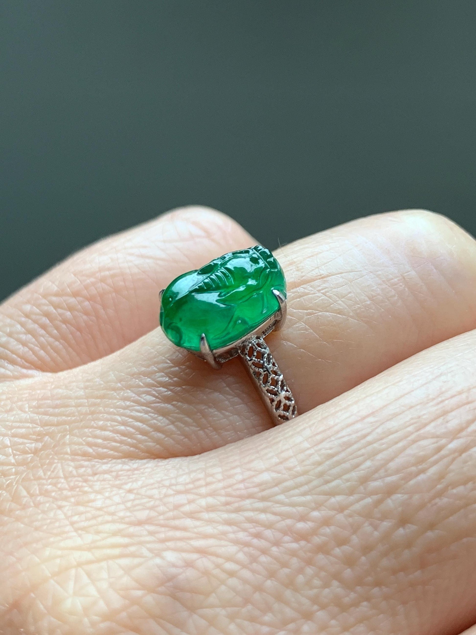 Natural Grade A Guatemalan Icy Translucent Vibrant Green Jade Jadeite Pixiu Ring Sterling Silver Size 7 Adjustable 天然冰危绿翡翠貔貅银镶戒指 WPX110