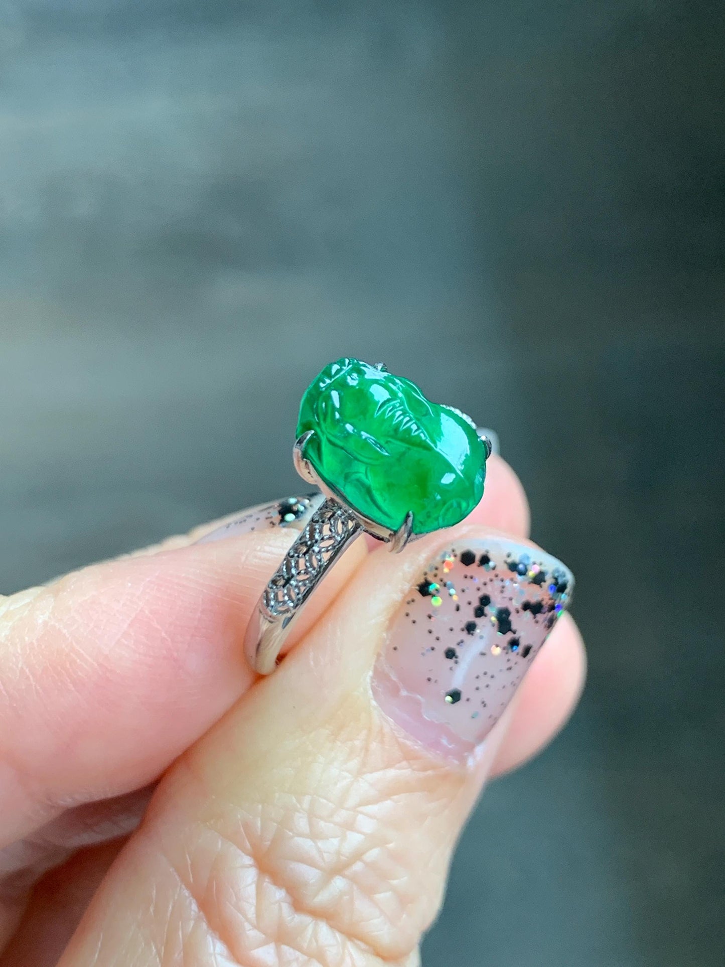 Natural Grade A Guatemalan Icy Translucent Vibrant Green Jade Jadeite Pixiu Ring Sterling Silver Size 7 Adjustable 天然冰危绿翡翠貔貅银镶戒指 WPX110