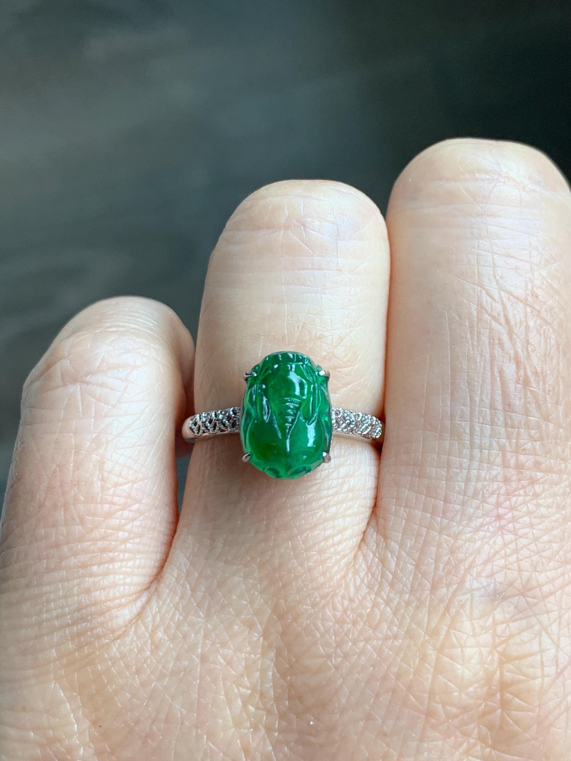 Natural Grade A Guatemalan Icy Translucent Vibrant Green Jade Jadeite Pixiu Ring Sterling Silver Size 7 Adjustable 天然冰危绿翡翠貔貅银镶戒指 WPX110