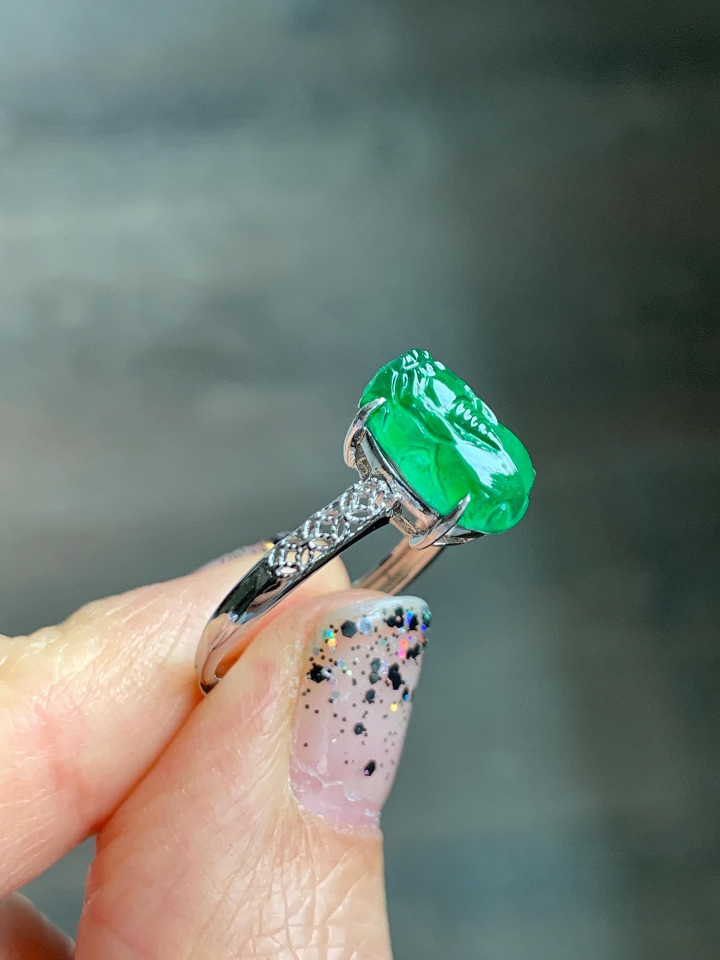 Natural Grade A Guatemalan Icy Translucent Vibrant Green Jade Jadeite Pixiu Ring Sterling Silver Size 7 Adjustable 天然冰危绿翡翠貔貅银镶戒指 WPX110