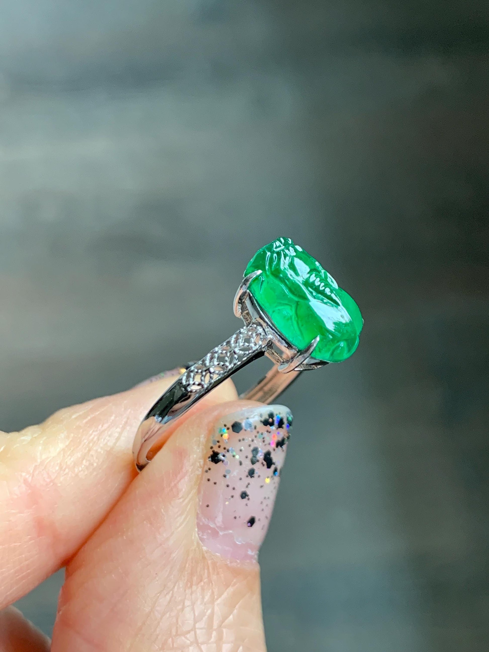 Natural Grade A Guatemalan Icy Translucent Vibrant Green Jade Jadeite Pixiu Ring Sterling Silver Size 7 Adjustable 天然冰危绿翡翠貔貅银镶戒指 WPX110