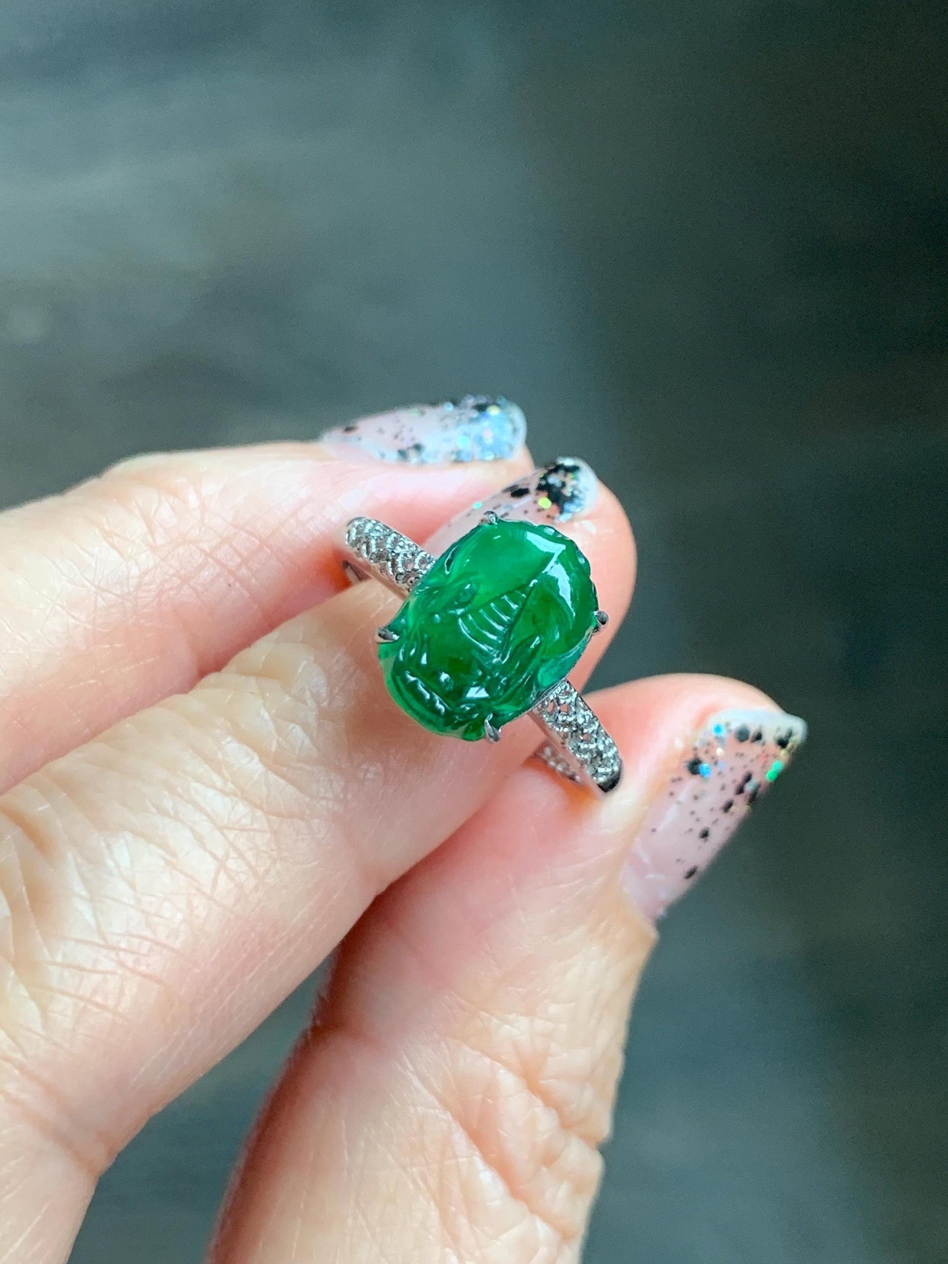Natural Grade A Guatemalan Icy Translucent Vibrant Green Jade Jadeite Pixiu Ring Sterling Silver Size 7 Adjustable 天然冰危绿翡翠貔貅银镶戒指 WPX110