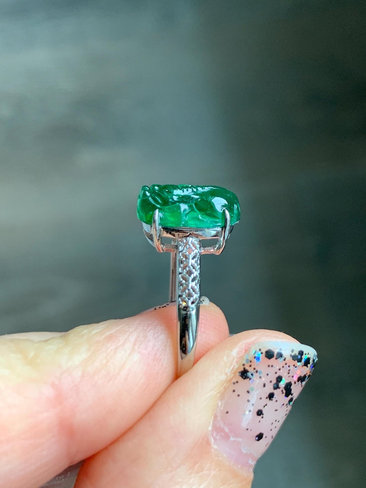 Natural Grade A Guatemalan Icy Translucent Vibrant Green Jade Jadeite Pixiu Ring Sterling Silver Size 7 Adjustable 天然冰危绿翡翠貔貅银镶戒指 WPX110