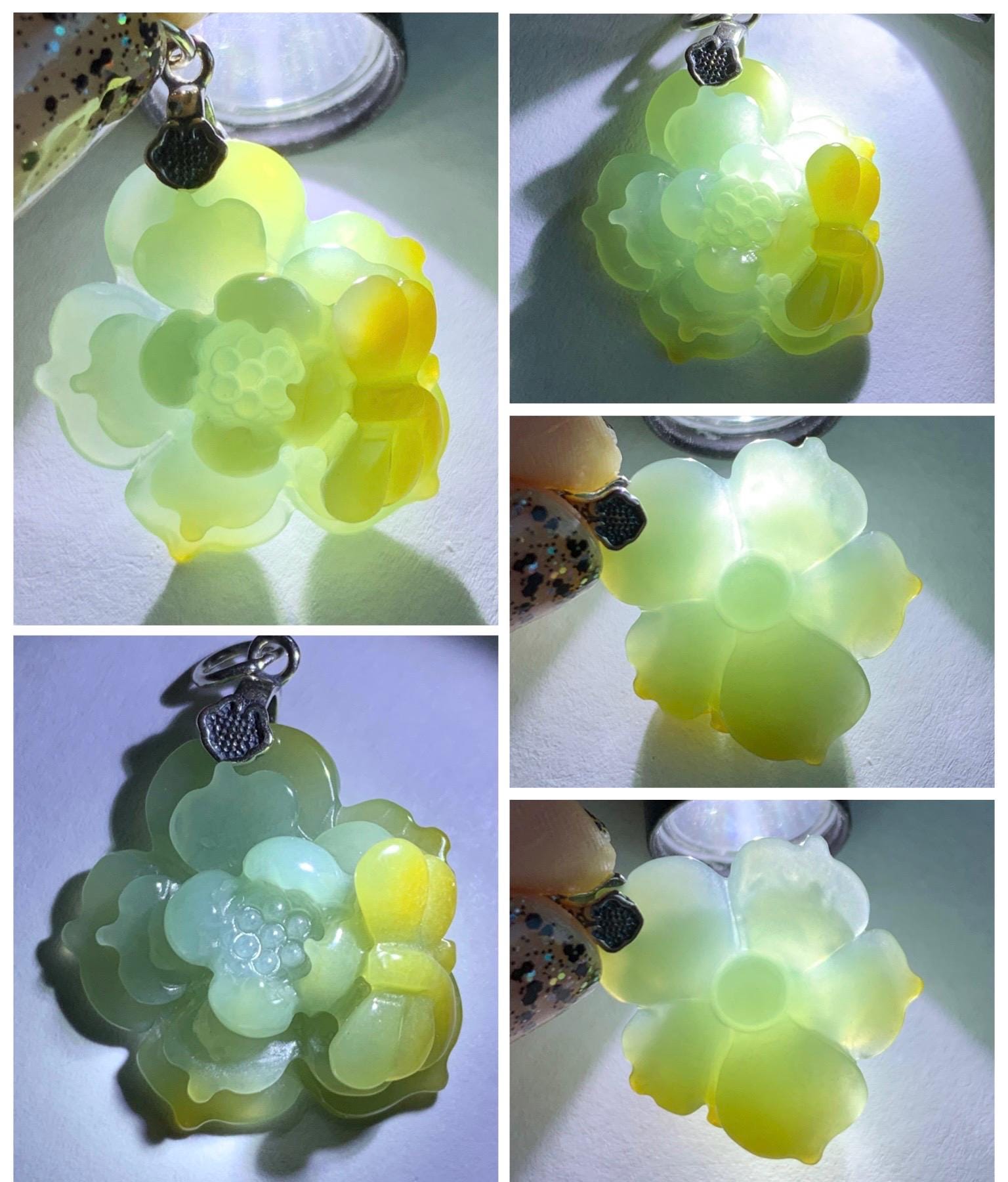 Natural Grade A Guatemalan Icy Translucent Pastel Dusty Blue Yellow Jade Jadeite Lotus Flower Pendant Sterling Silver 天然冰危蓝黄翡翠莲花吊坠 WSS118