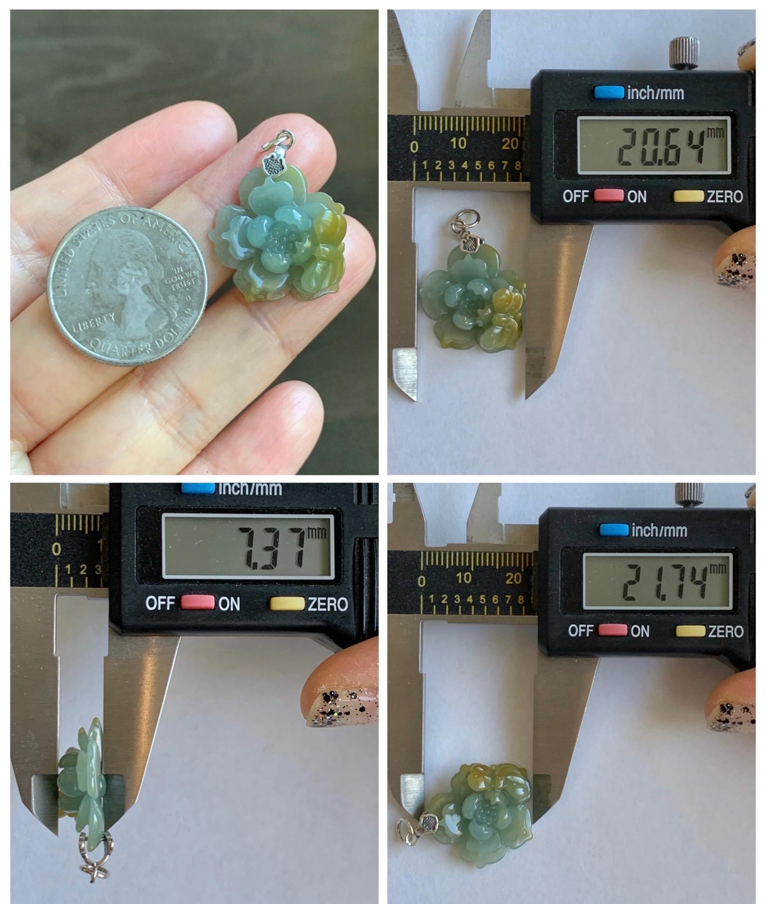 Natural Grade A Guatemalan Icy Translucent Pastel Dusty Blue Yellow Jade Jadeite Lotus Flower Pendant Sterling Silver 天然冰危蓝黄翡翠莲花吊坠 WSS118