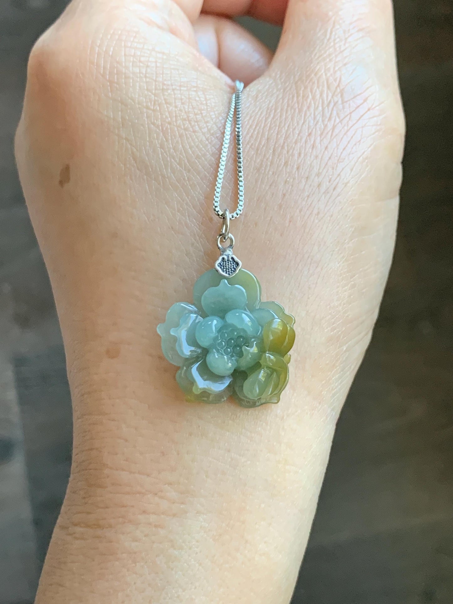 Natural Grade A Guatemalan Icy Translucent Pastel Dusty Blue Yellow Jade Jadeite Lotus Flower Pendant Sterling Silver 天然冰危蓝黄翡翠莲花吊坠 WSS118