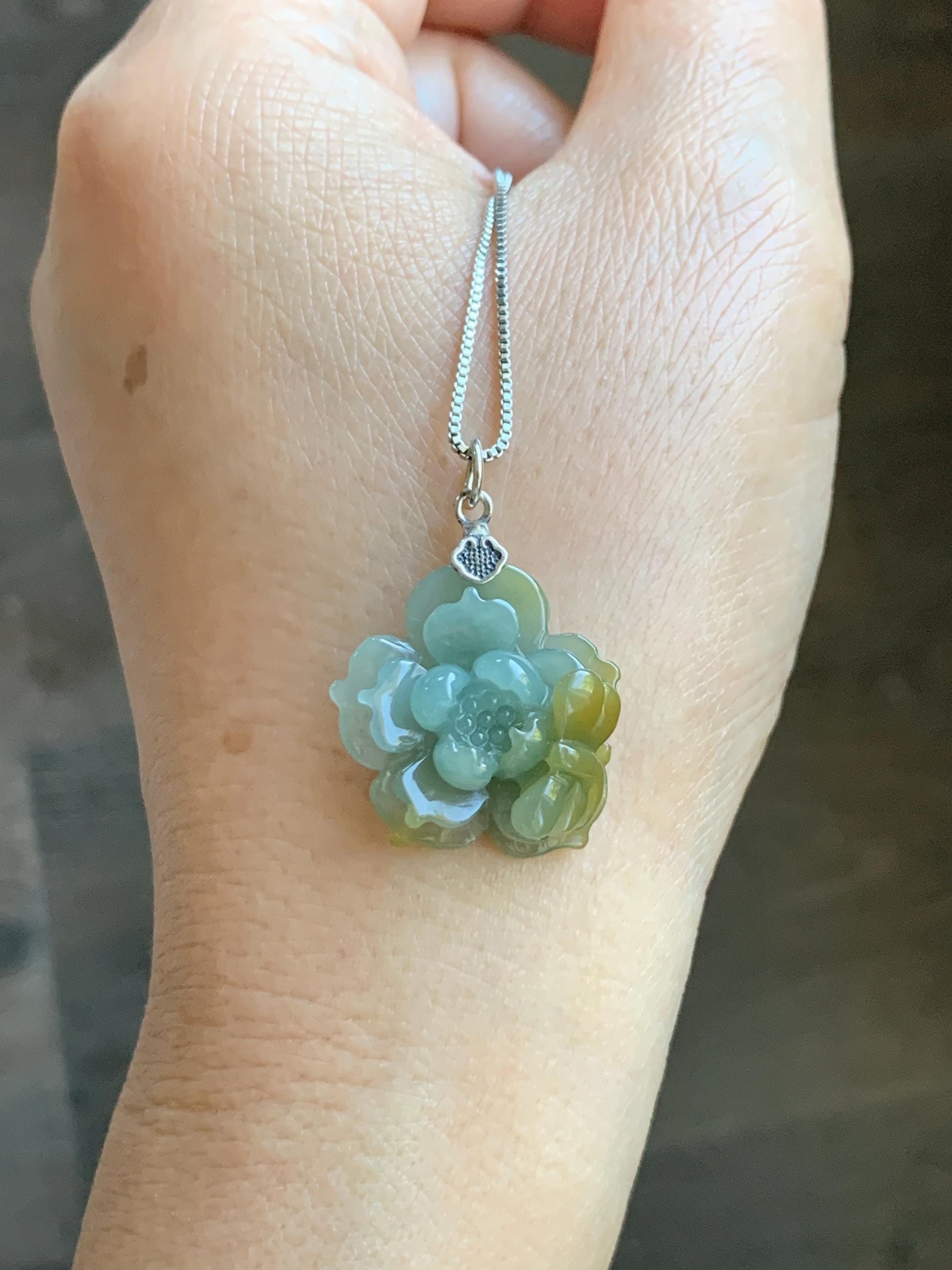 Natural Grade A Guatemalan Icy Translucent Pastel Dusty Blue Yellow Jade Jadeite Lotus Flower Pendant Sterling Silver 天然冰危蓝黄翡翠莲花吊坠 WSS118