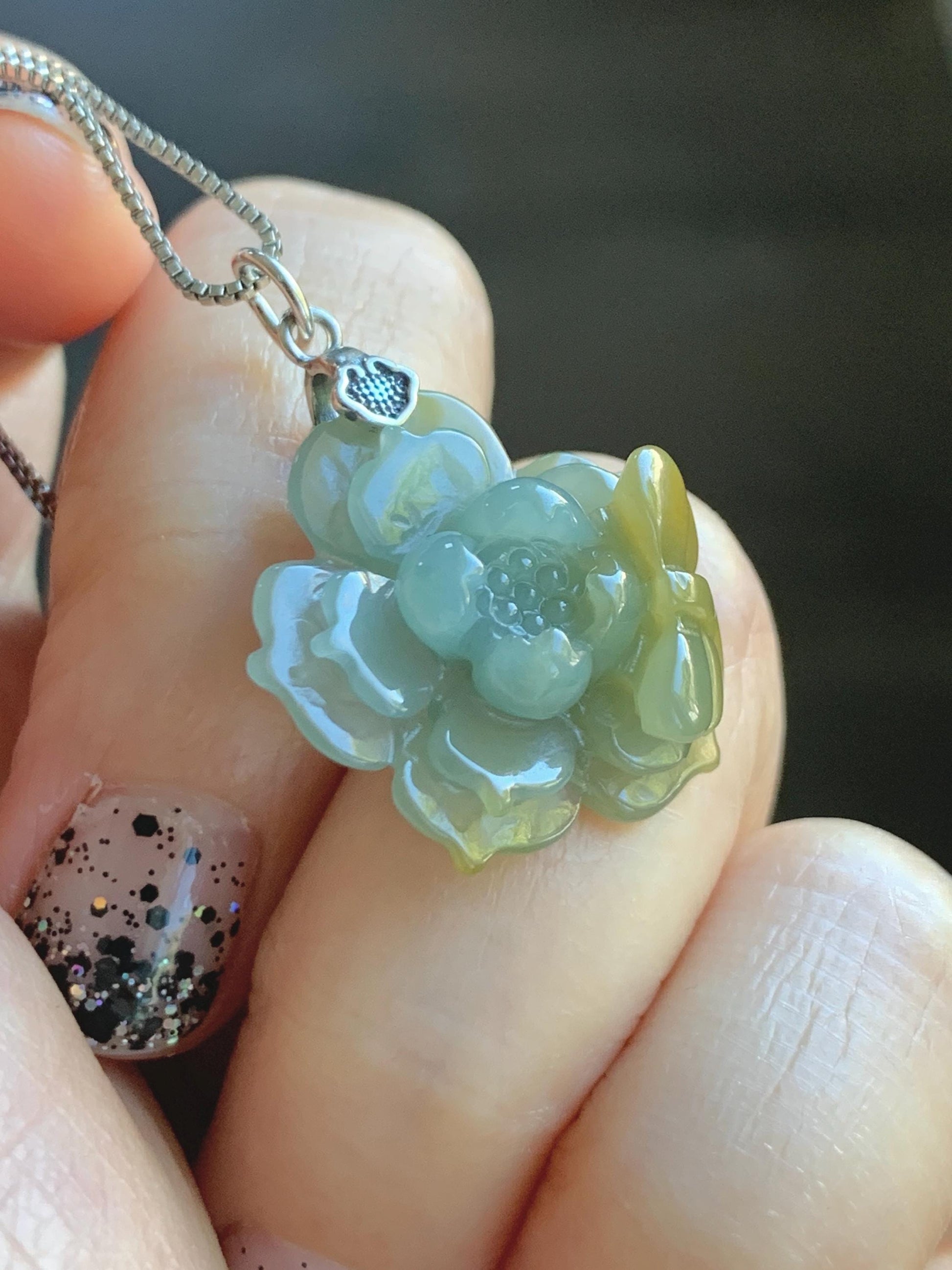 Natural Grade A Guatemalan Icy Translucent Pastel Dusty Blue Yellow Jade Jadeite Lotus Flower Pendant Sterling Silver 天然冰危蓝黄翡翠莲花吊坠 WSS118