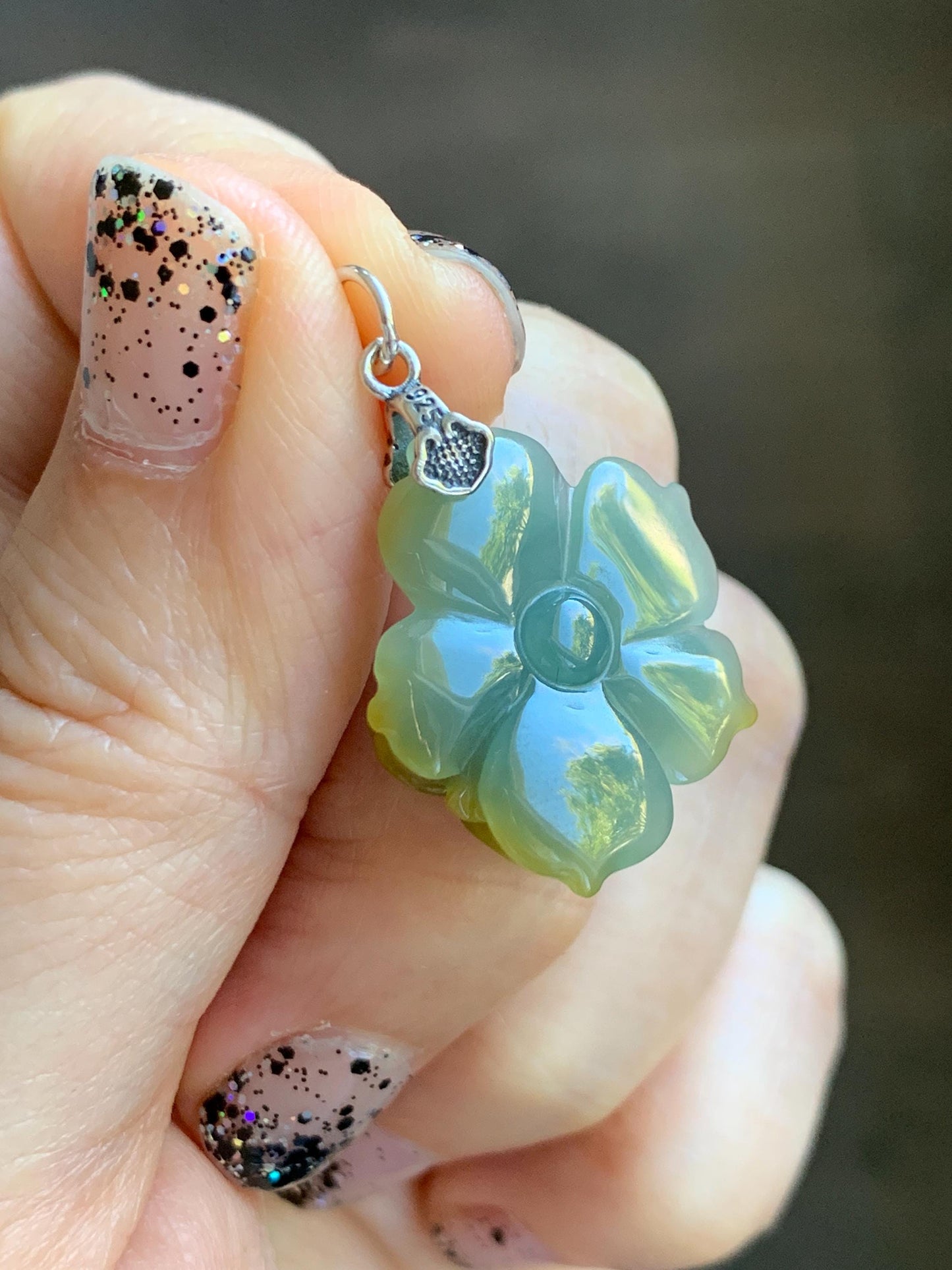 Natural Grade A Guatemalan Icy Translucent Pastel Dusty Blue Yellow Jade Jadeite Lotus Flower Pendant Sterling Silver 天然冰危蓝黄翡翠莲花吊坠 WSS118