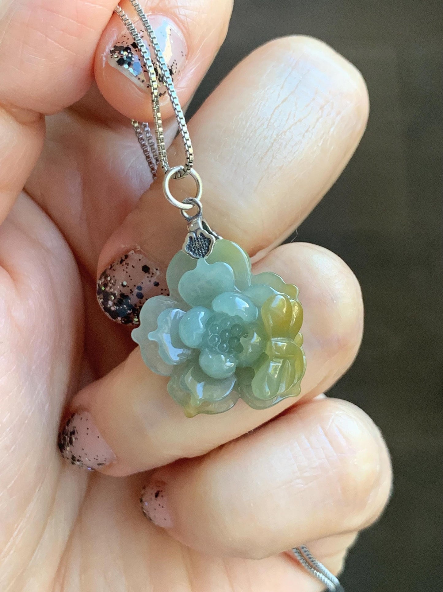 Natural Grade A Guatemalan Icy Translucent Pastel Dusty Blue Yellow Jade Jadeite Lotus Flower Pendant Sterling Silver 天然冰危蓝黄翡翠莲花吊坠 WSS118