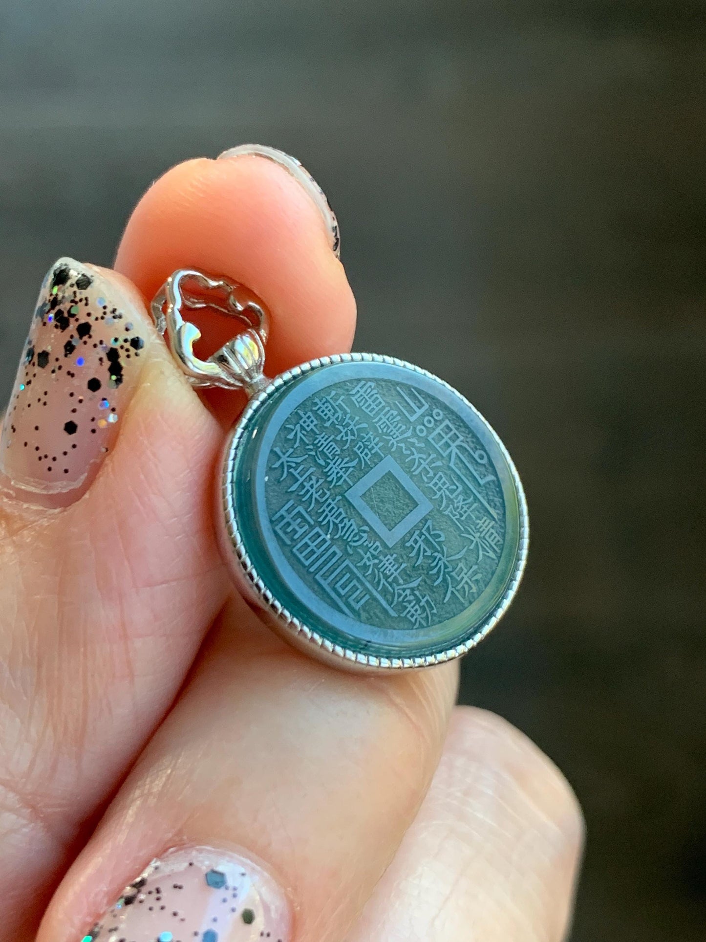Natural Guatemalan Icy Translucent Dark Blue Jade Jadeite Mountain Ghost Eight Trigrams Coin Pendant Sterling Silver 天然冰危蓝翡翠精工山鬼币吊坠 YSG110