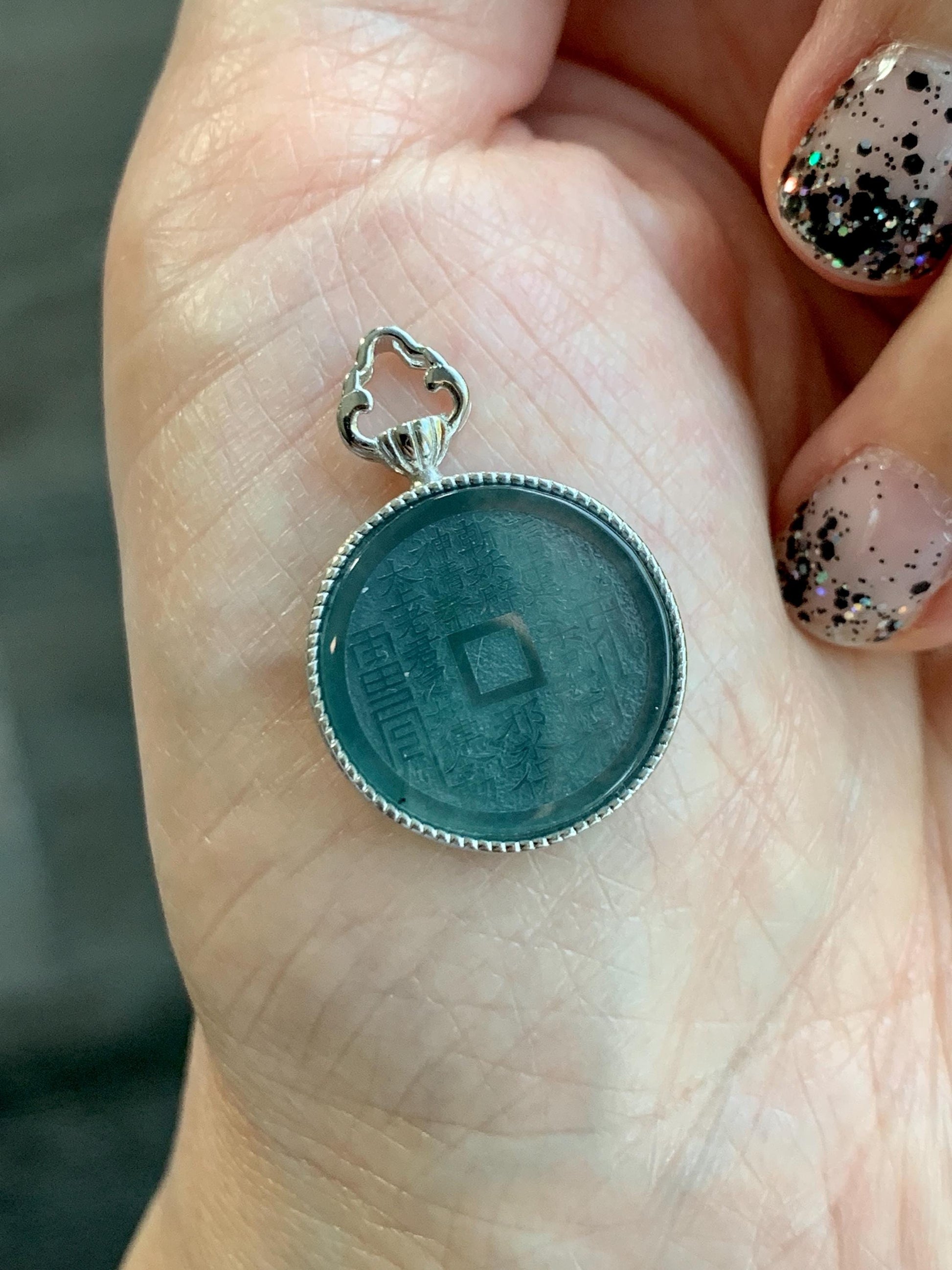Natural Guatemalan Icy Translucent Dark Blue Jade Jadeite Mountain Ghost Eight Trigrams Coin Pendant Sterling Silver 天然冰危蓝翡翠精工山鬼币吊坠 YSG110