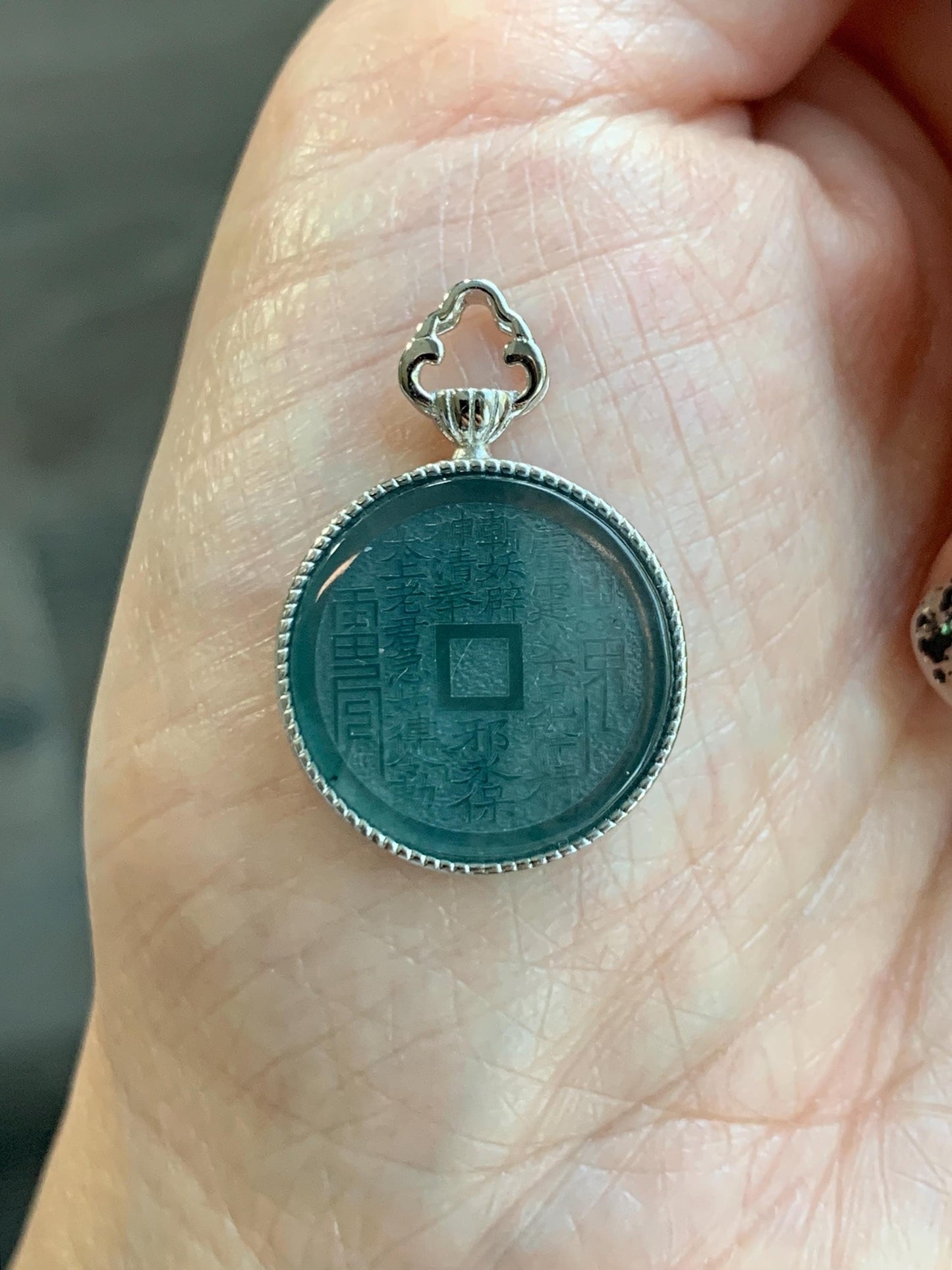 Natural Guatemalan Icy Translucent Dark Blue Jade Jadeite Mountain Ghost Eight Trigrams Coin Pendant Sterling Silver 天然冰危蓝翡翠精工山鬼币吊坠 YSG110