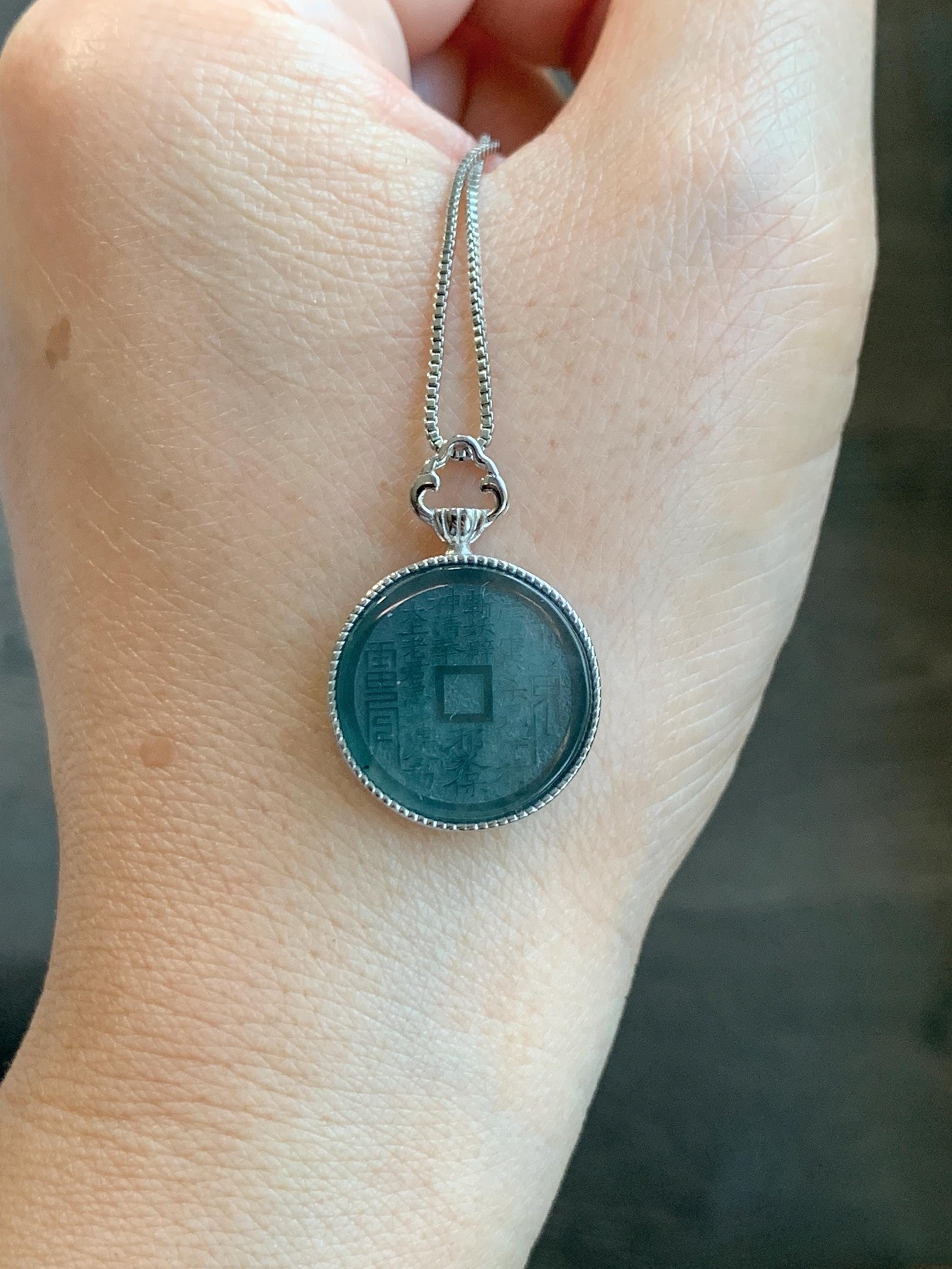 Natural Guatemalan Icy Translucent Dark Blue Jade Jadeite Mountain Ghost Eight Trigrams Coin Pendant Sterling Silver 天然冰危蓝翡翠精工山鬼币吊坠 YSG110