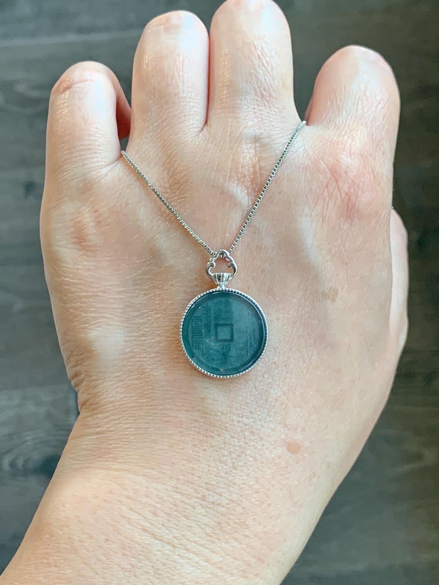 Natural Guatemalan Icy Translucent Dark Blue Jade Jadeite Mountain Ghost Eight Trigrams Coin Pendant Sterling Silver 天然冰危蓝翡翠精工山鬼币吊坠 YSG110