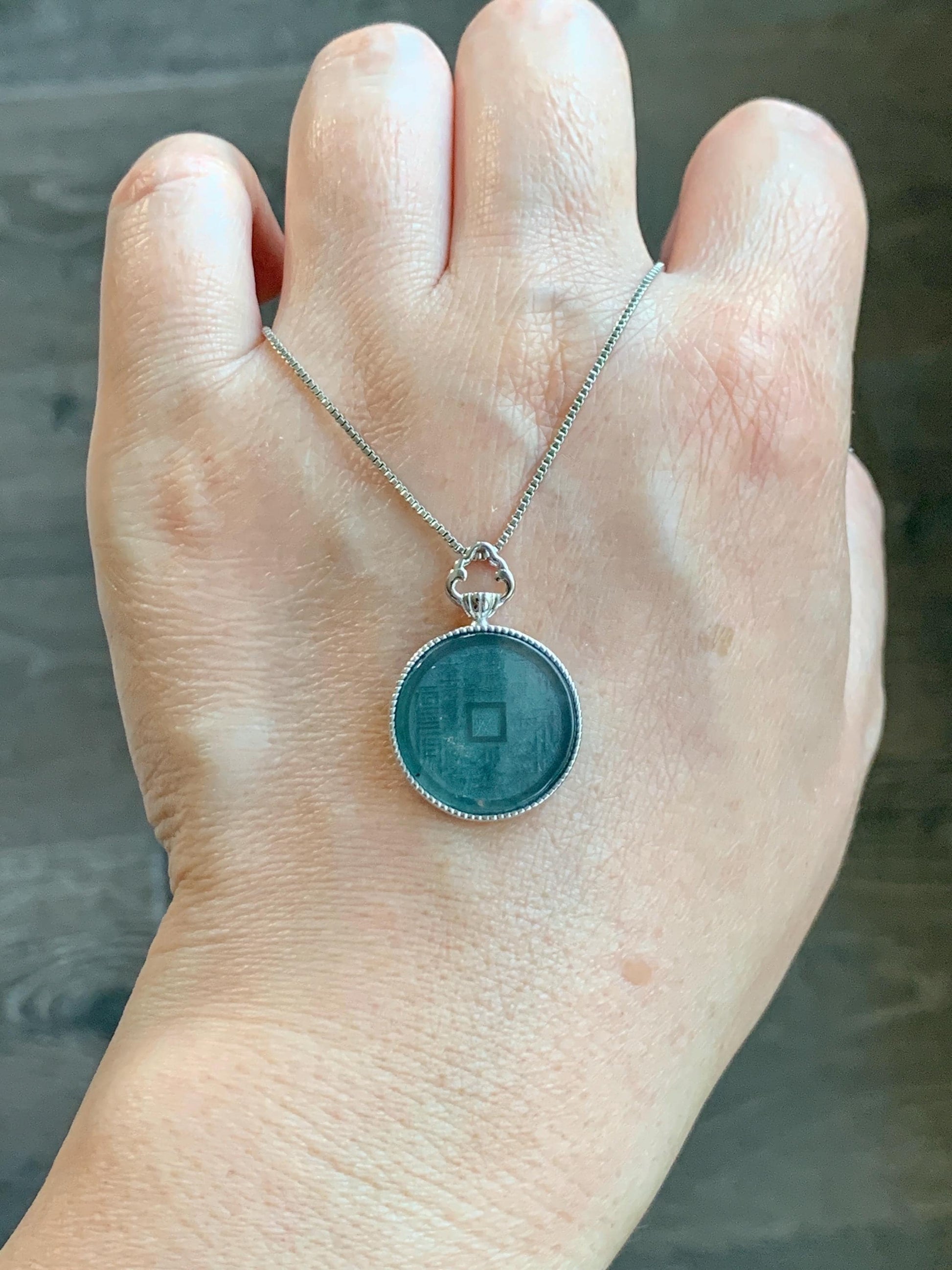 Natural Guatemalan Icy Translucent Dark Blue Jade Jadeite Mountain Ghost Eight Trigrams Coin Pendant Sterling Silver 天然冰危蓝翡翠精工山鬼币吊坠 YSG110