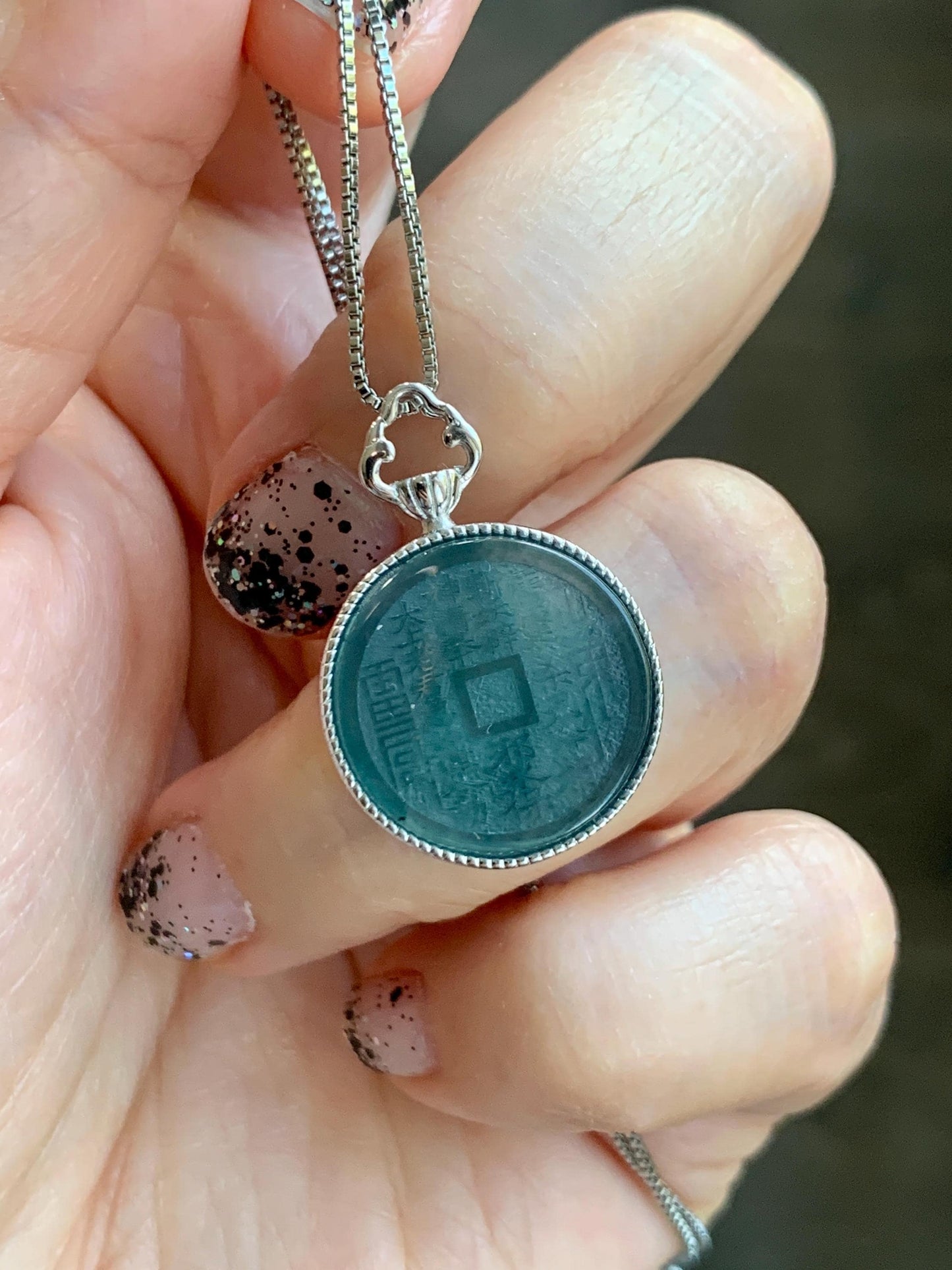 Natural Guatemalan Icy Translucent Dark Blue Jade Jadeite Mountain Ghost Eight Trigrams Coin Pendant Sterling Silver 天然冰危蓝翡翠精工山鬼币吊坠 YSG110