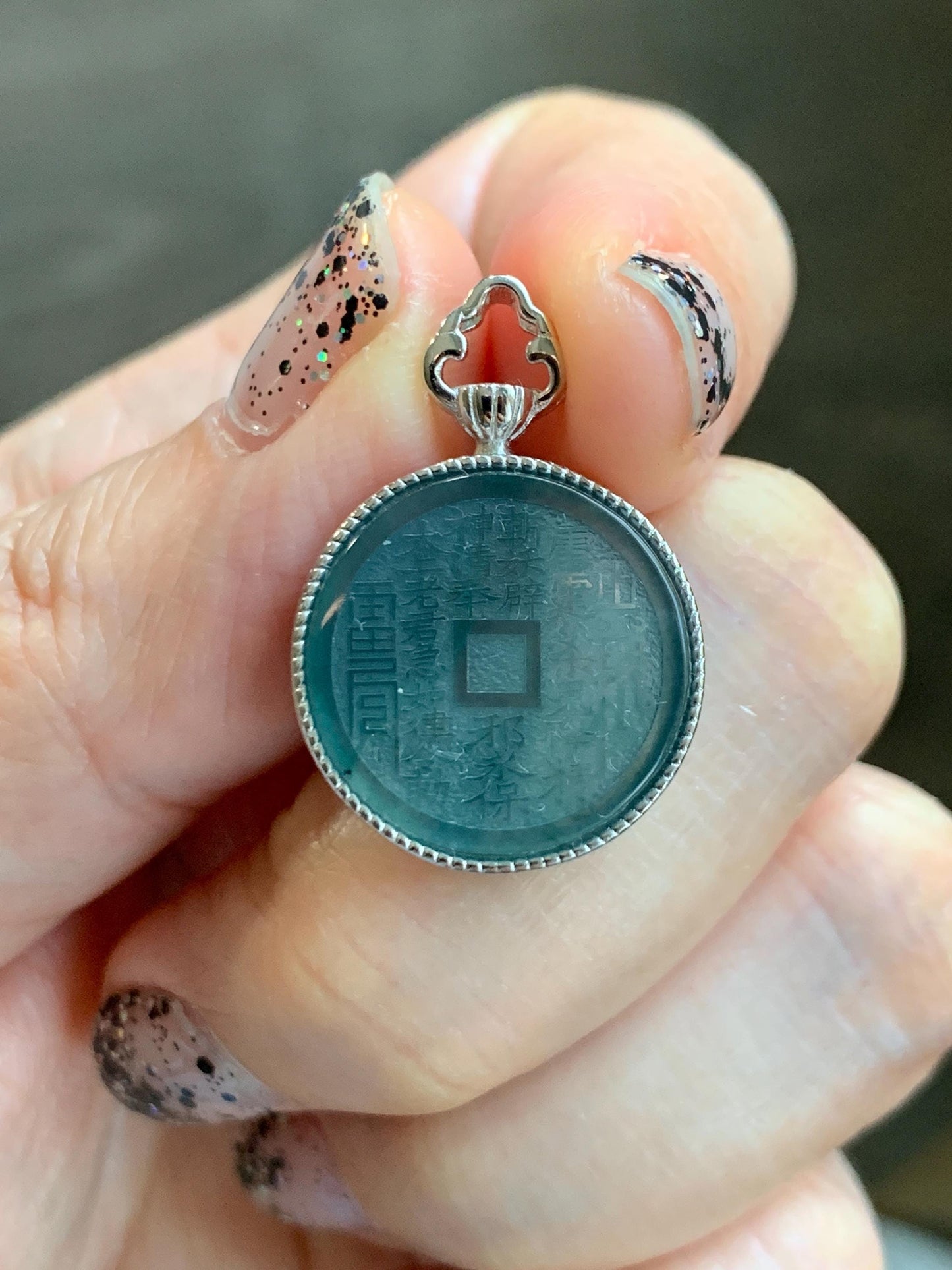 Natural Guatemalan Icy Translucent Dark Blue Jade Jadeite Mountain Ghost Eight Trigrams Coin Pendant Sterling Silver 天然冰危蓝翡翠精工山鬼币吊坠 YSG110