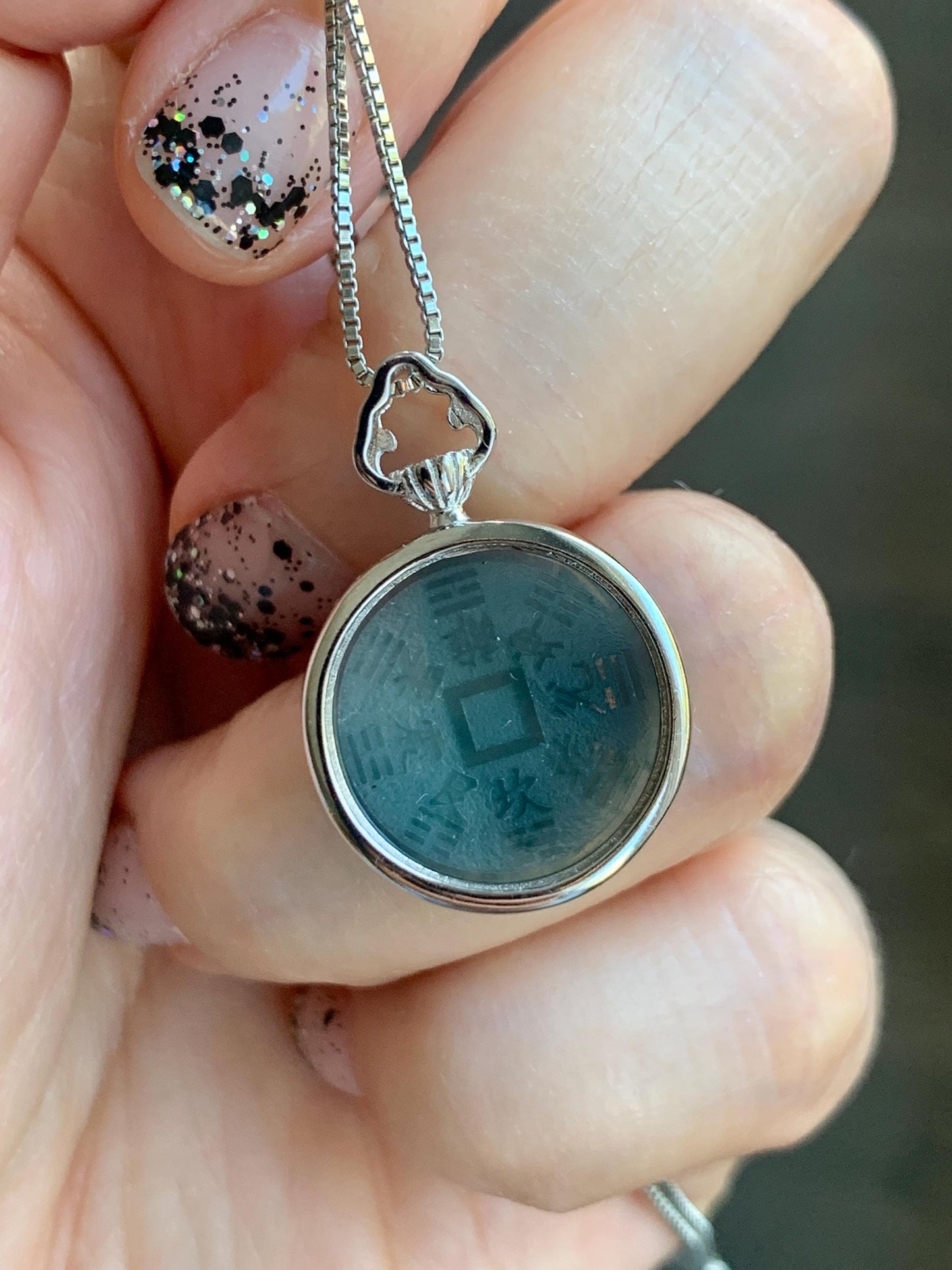 Natural Guatemalan Icy Translucent Dark Blue Jade Jadeite Mountain Ghost Eight Trigrams Coin Pendant Sterling Silver 天然冰危蓝翡翠精工山鬼币吊坠 YSG110