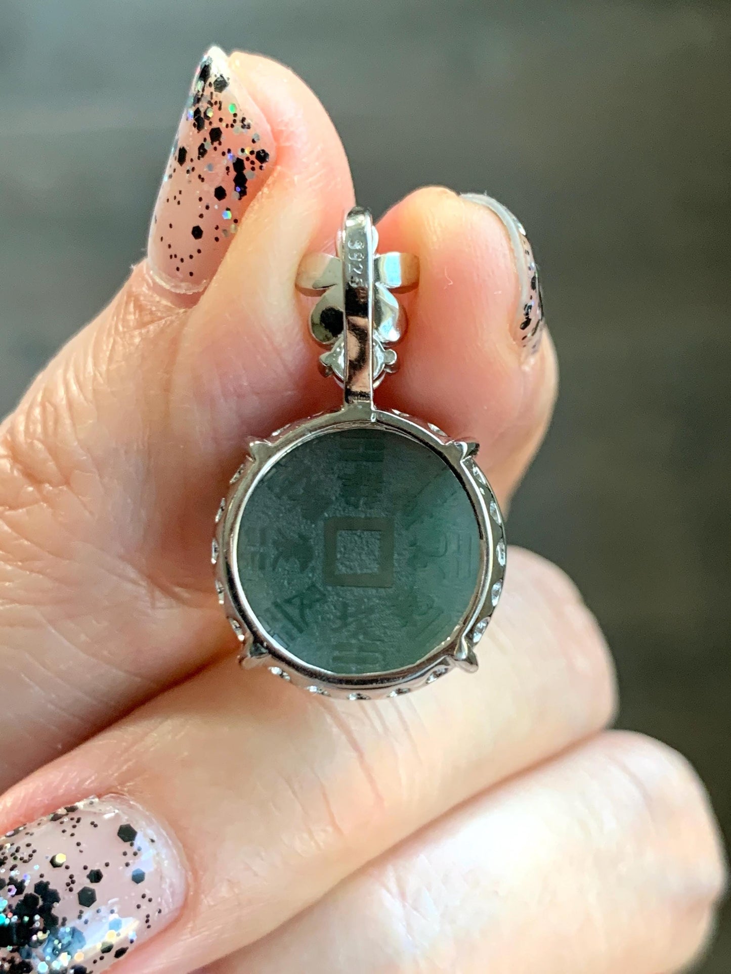 Natural Guatemalan Icy Translucent Dark Blue Jade Jadeite Mountain Ghost Eight Trigrams Coin Pendant Sterling Silver 天然冰危深蓝绿翡翠精工山鬼币吊坠 YSG107