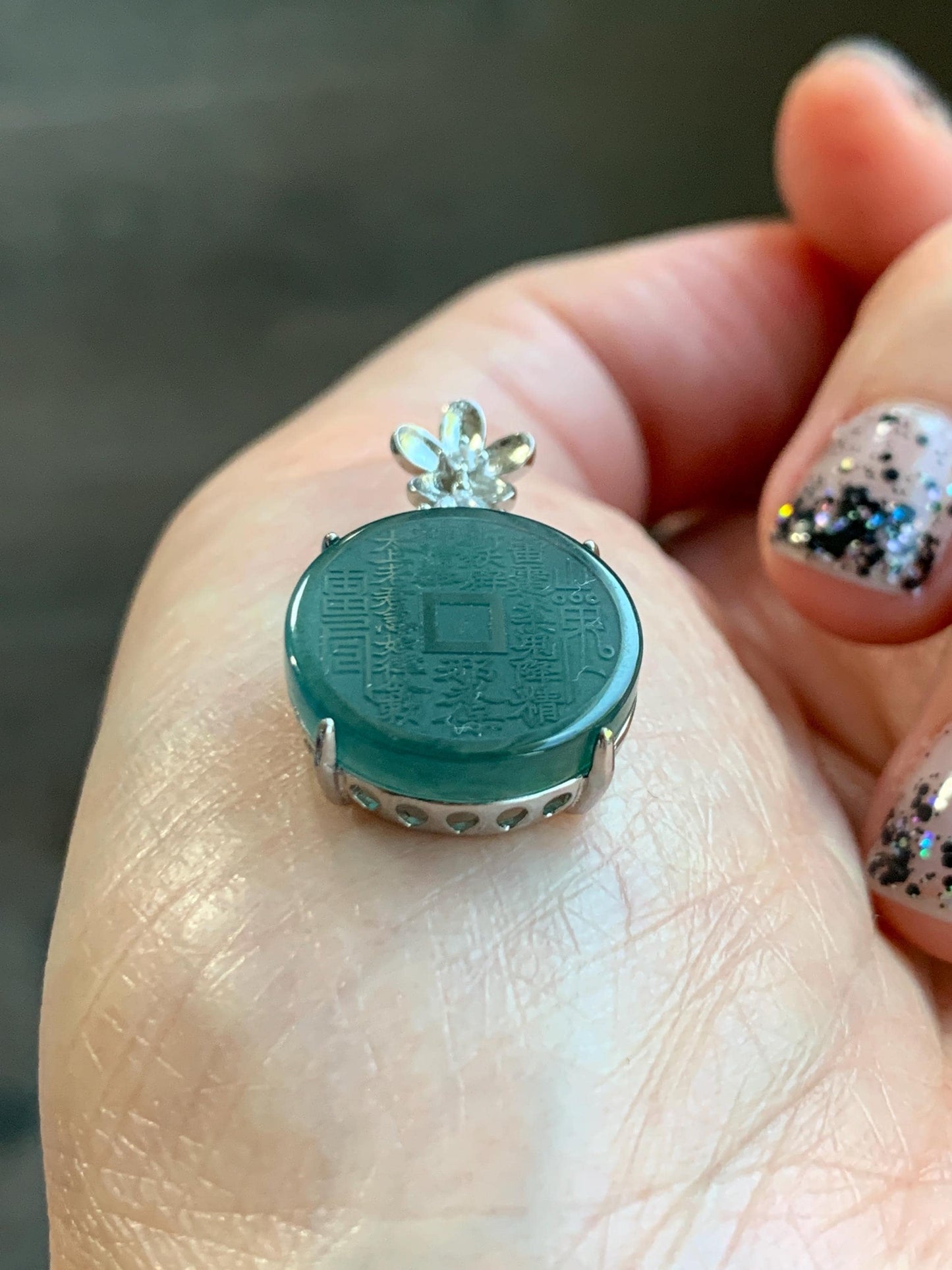 Natural Guatemalan Icy Translucent Dark Blue Jade Jadeite Mountain Ghost Eight Trigrams Coin Pendant Sterling Silver 天然冰危深蓝绿翡翠精工山鬼币吊坠 YSG107