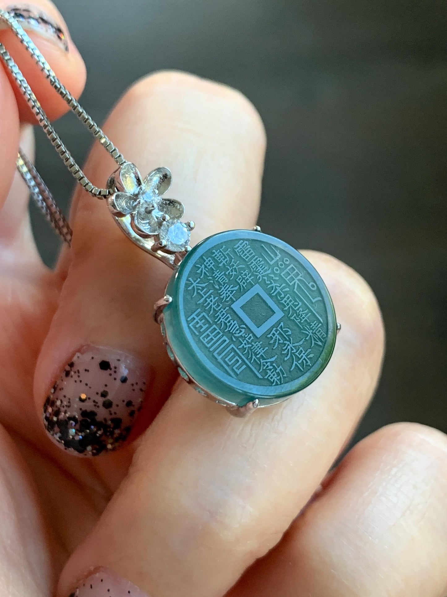 Natural Guatemalan Icy Translucent Dark Blue Jade Jadeite Mountain Ghost Eight Trigrams Coin Pendant Sterling Silver 天然冰危深蓝绿翡翠精工山鬼币吊坠 YSG107