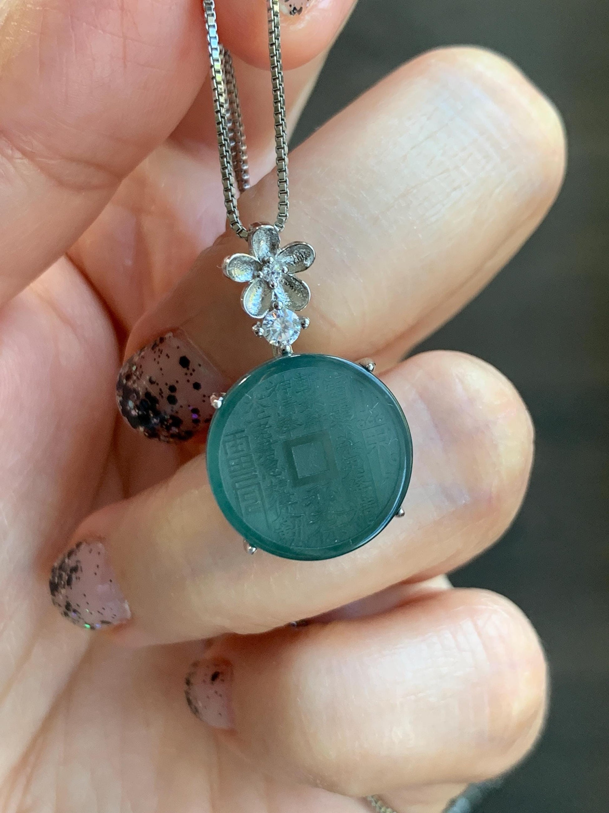 Natural Guatemalan Icy Translucent Dark Blue Jade Jadeite Mountain Ghost Eight Trigrams Coin Pendant Sterling Silver 天然冰危深蓝绿翡翠精工山鬼币吊坠 YSG107
