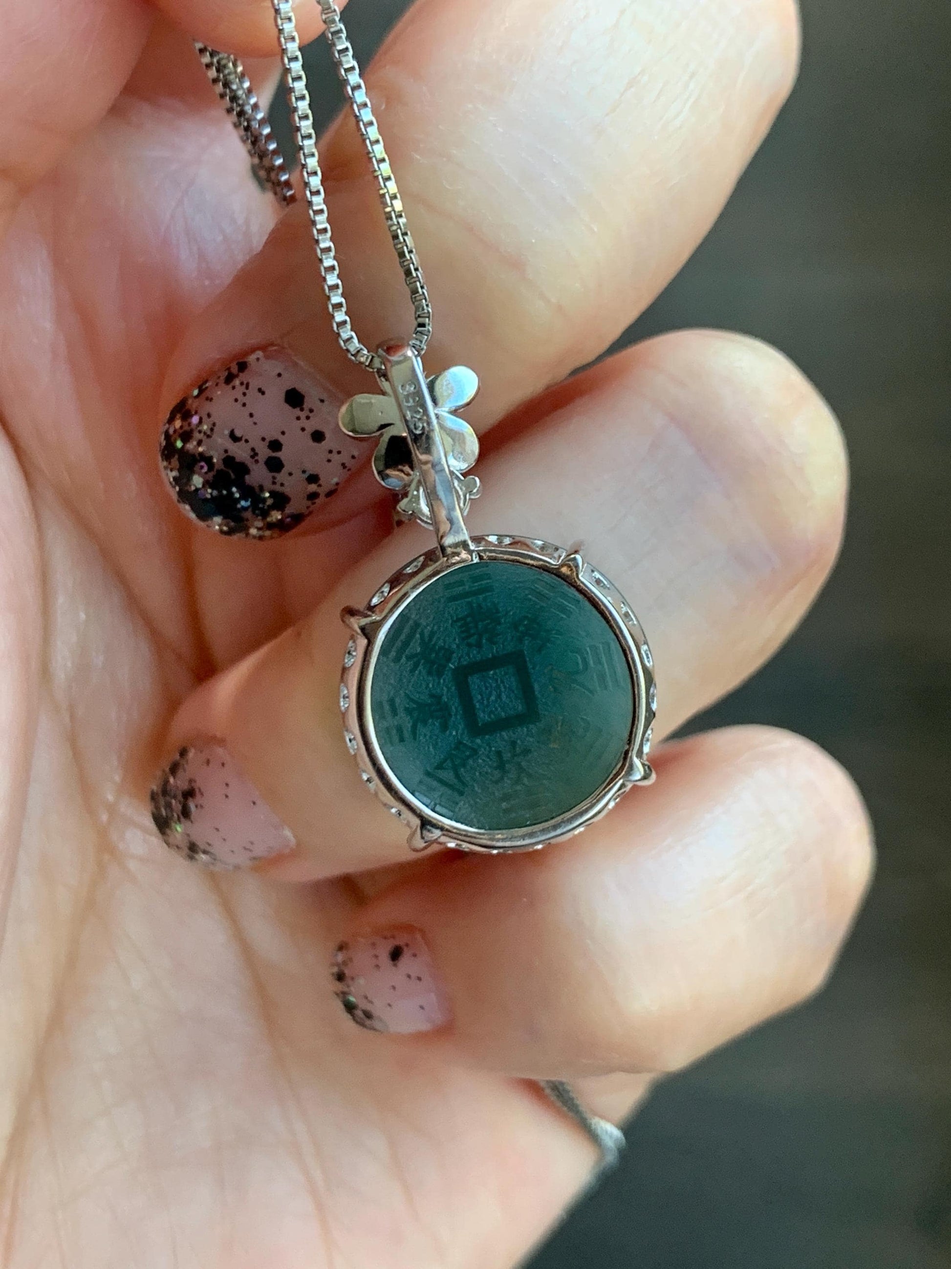 Natural Guatemalan Icy Translucent Dark Blue Jade Jadeite Mountain Ghost Eight Trigrams Coin Pendant Sterling Silver 天然冰危深蓝绿翡翠精工山鬼币吊坠 YSG107