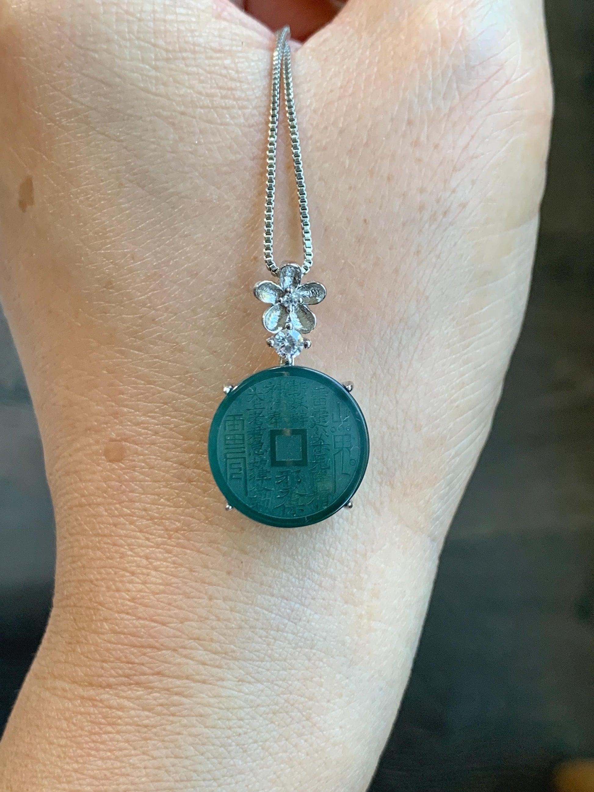 Natural Guatemalan Icy Translucent Dark Blue Jade Jadeite Mountain Ghost Eight Trigrams Coin Pendant Sterling Silver 天然冰危深蓝绿翡翠精工山鬼币吊坠 YSG107