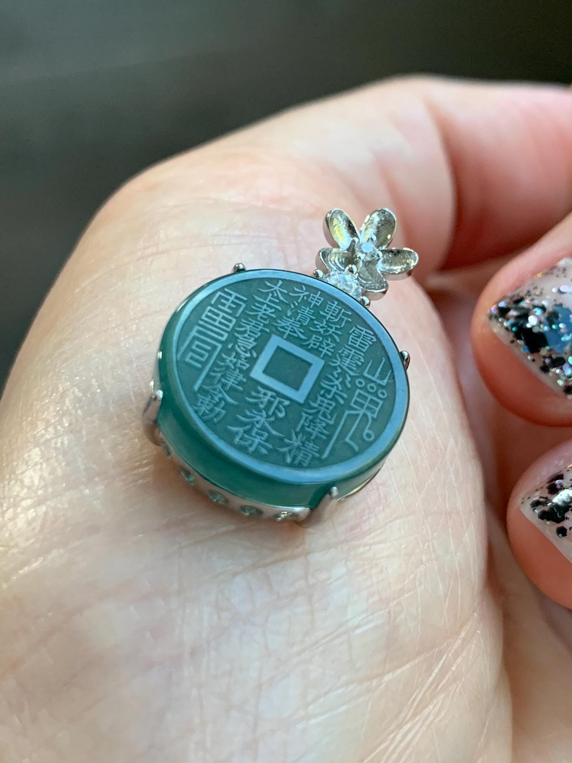 Natural Guatemalan Icy Translucent Dark Blue Jade Jadeite Mountain Ghost Eight Trigrams Coin Pendant Sterling Silver 天然冰危深蓝绿翡翠精工山鬼币吊坠 YSG107