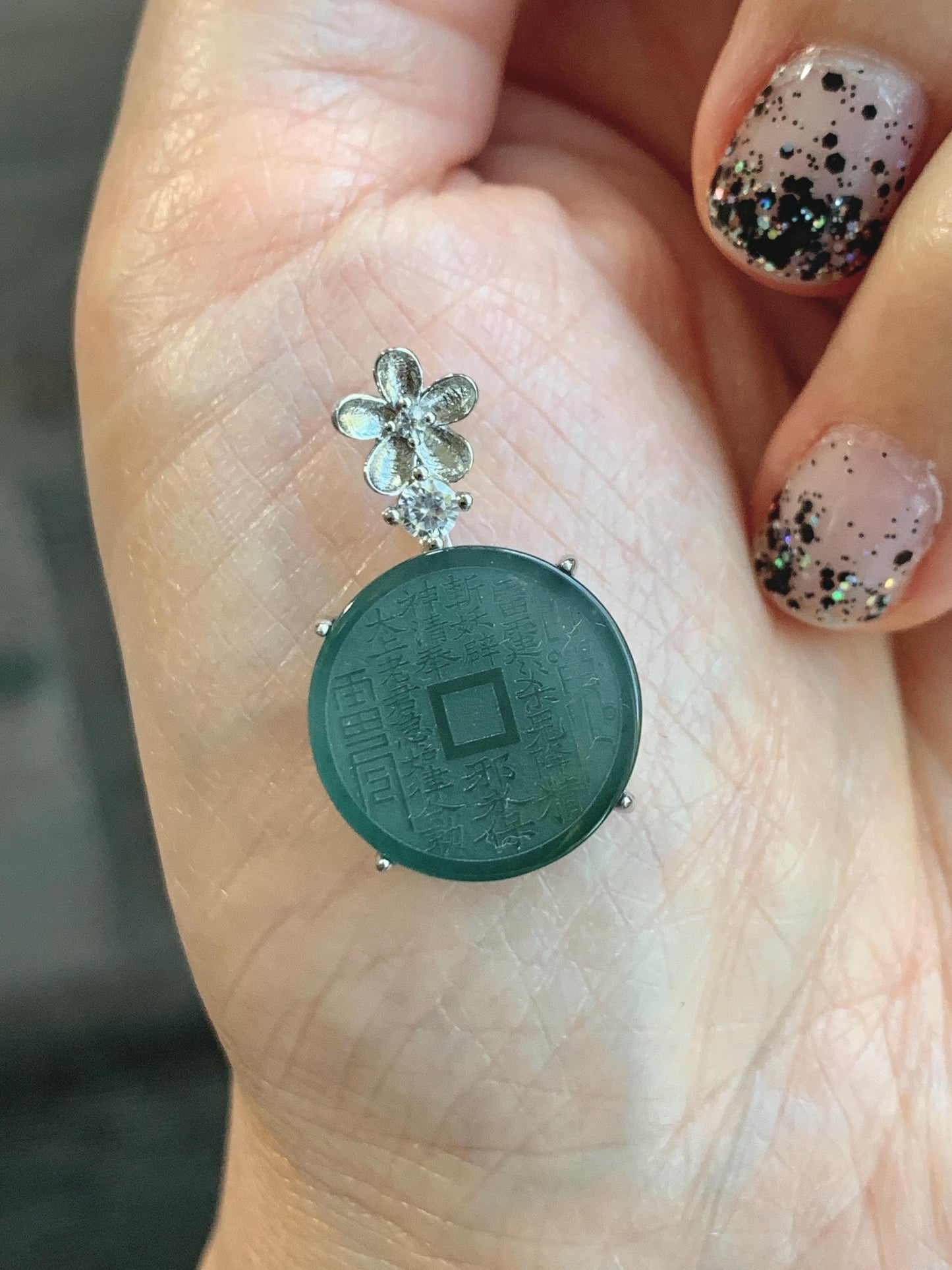 Natural Guatemalan Icy Translucent Dark Blue Jade Jadeite Mountain Ghost Eight Trigrams Coin Pendant Sterling Silver 天然冰危深蓝绿翡翠精工山鬼币吊坠 YSG107