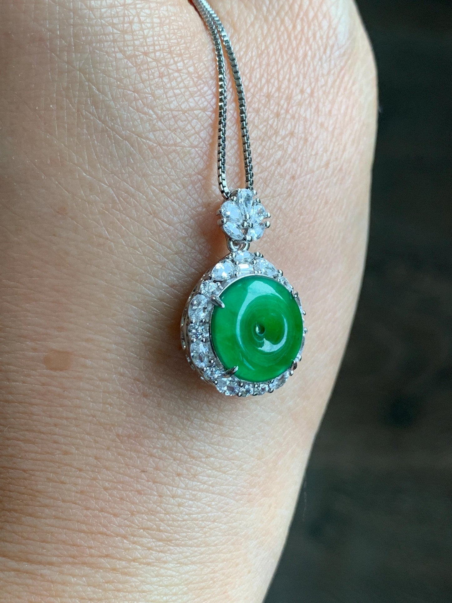 Certified Natural Grade A Guatemalan Icy Translucent Vibrant Green Jade Jadeite Ping An Kou Donut Pendant Sterling Silver 天然冰危绿翡翠平安扣吊坠 095