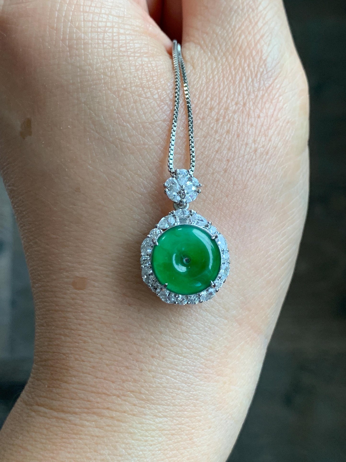 Certified Natural Grade A Guatemalan Icy Translucent Vibrant Green Jade Jadeite Ping An Kou Donut Pendant Sterling Silver 天然冰危绿翡翠平安扣吊坠 095