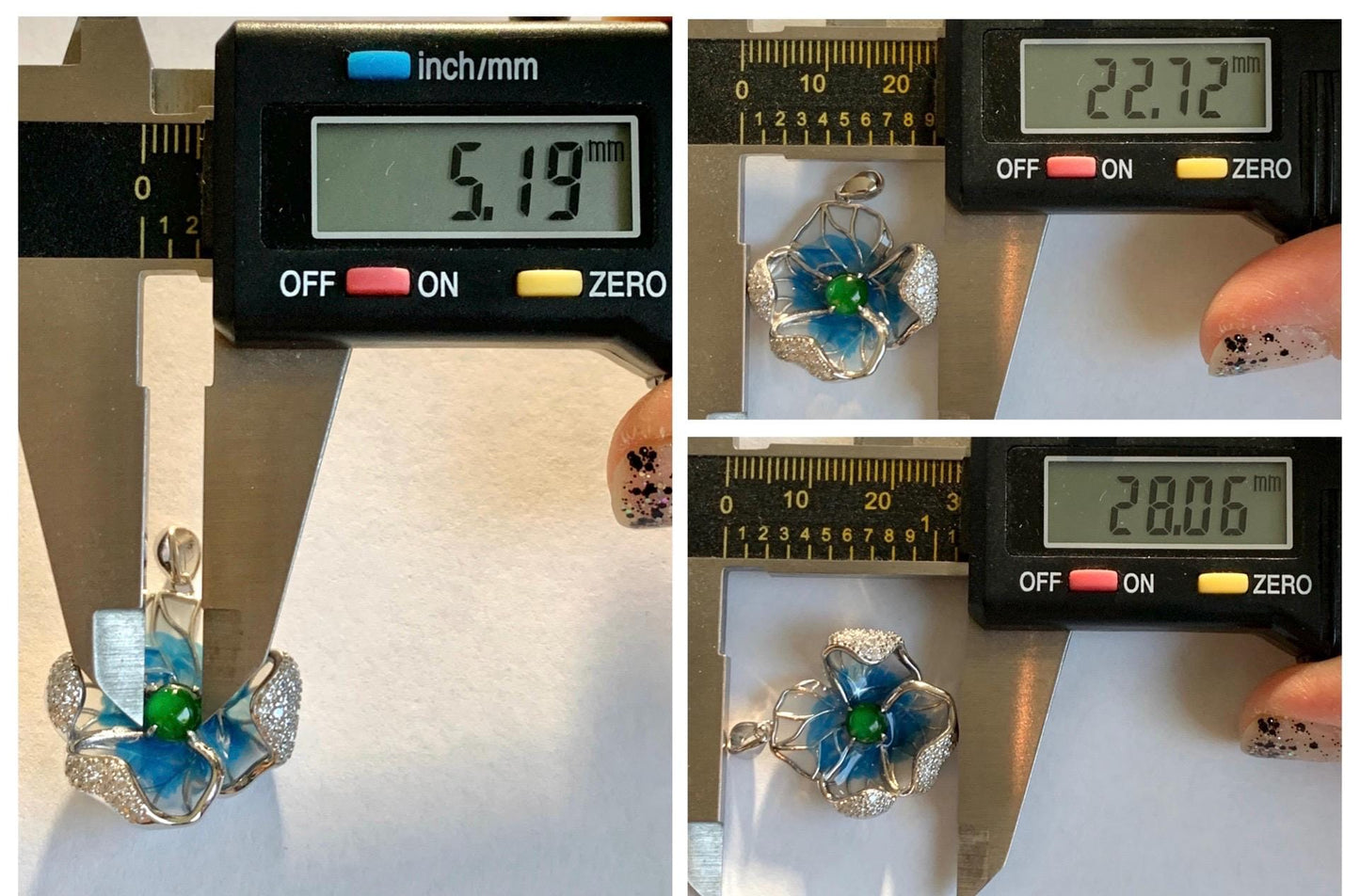 Natural Grade A Guatemalan Icy Translucent Vibrant Green Jade Jadeite Flower Pendant Sterling Silver Blue Resin 4g 天然冰危绿翡翠银镶花吊坠 LHH82P