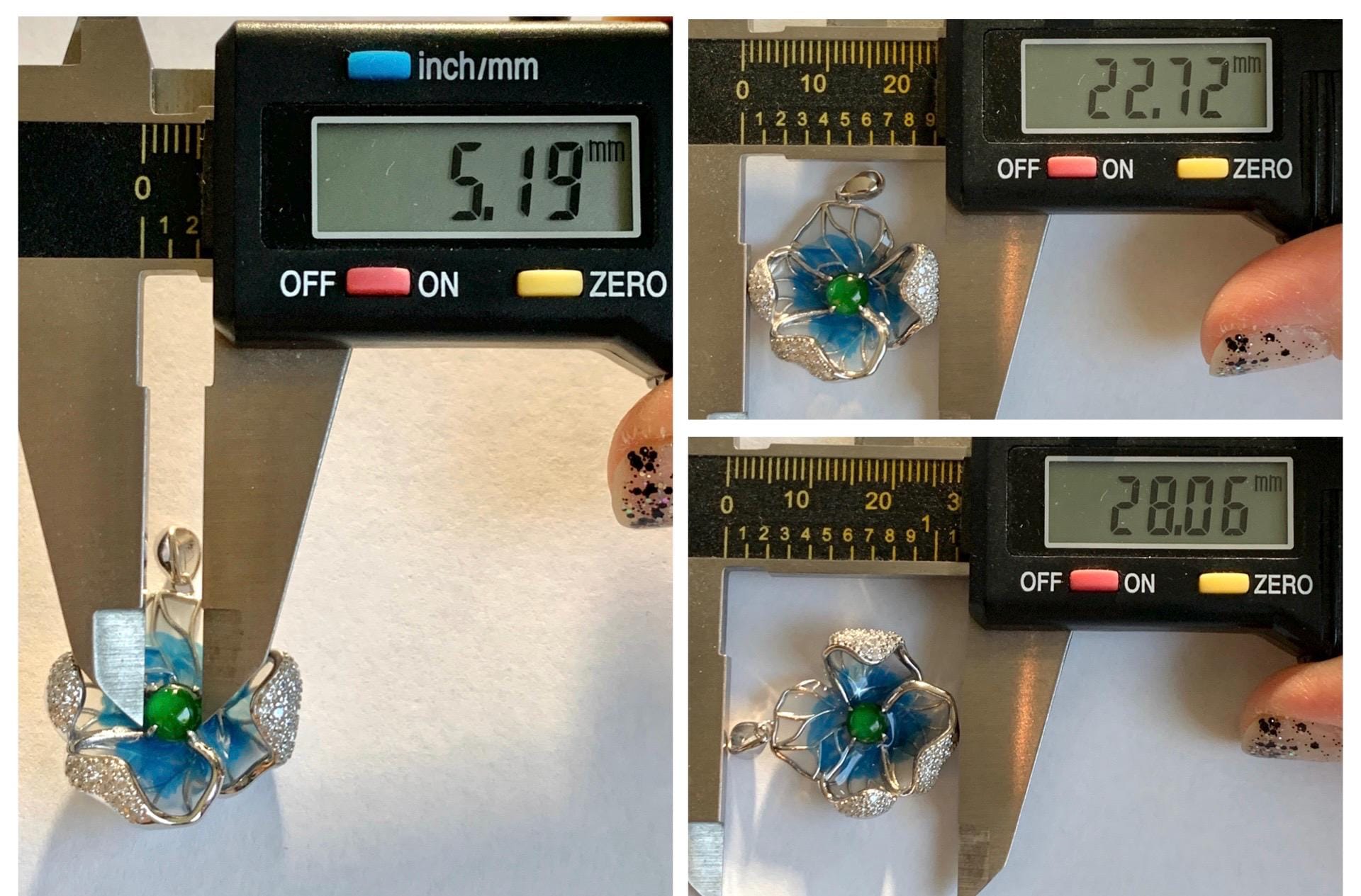 Natural Grade A Guatemalan Icy Translucent Vibrant Green Jade Jadeite Flower Pendant Sterling Silver Blue Resin 4g 天然冰危绿翡翠银镶花吊坠 LHH82P