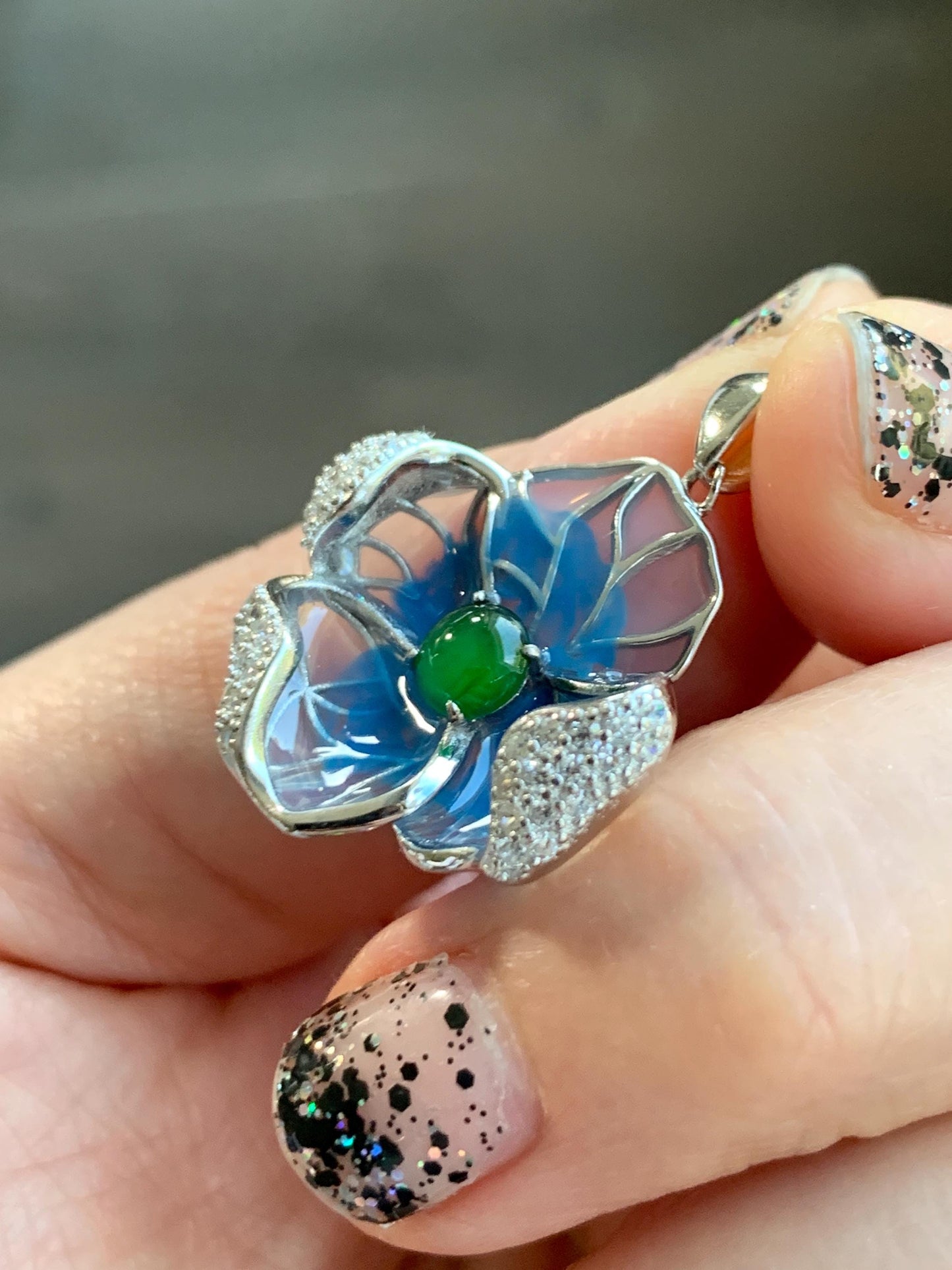 Natural Grade A Guatemalan Icy Translucent Vibrant Green Jade Jadeite Flower Pendant Sterling Silver Blue Resin 4g 天然冰危绿翡翠银镶花吊坠 LHH82P