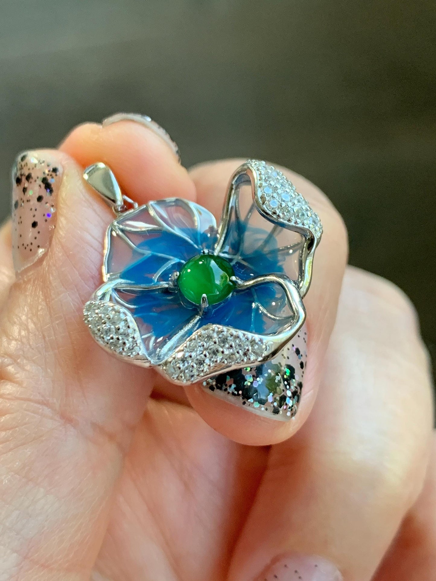 Natural Grade A Guatemalan Icy Translucent Vibrant Green Jade Jadeite Flower Pendant Sterling Silver Blue Resin 4g 天然冰危绿翡翠银镶花吊坠 LHH82P