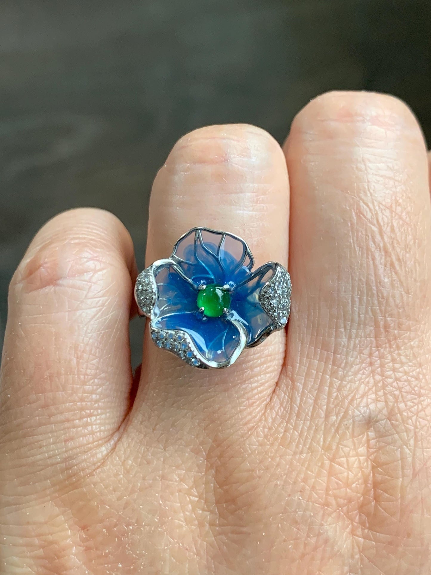 Natural Grade A Guatemalan Icy Translucent Vibrant Green Jade Jadeite Flower Ring Sterling Silver Blue Resin 3g 天然冰危绿翡翠银镶花戒指 LHH82R