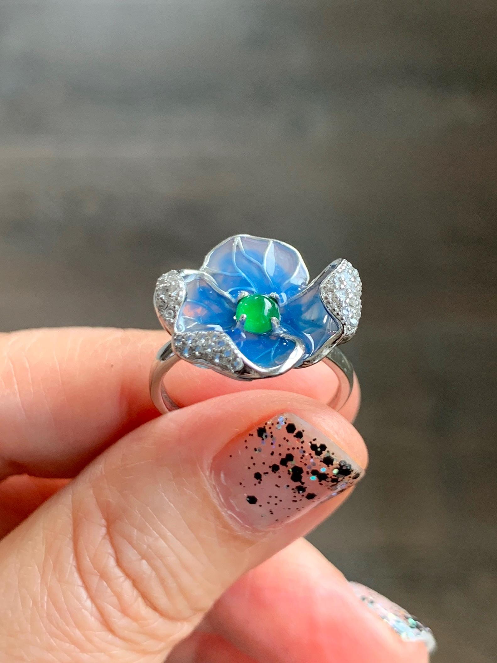 Natural Grade A Guatemalan Icy Translucent Vibrant Green Jade Jadeite Flower Ring Sterling Silver Blue Resin 3g 天然冰危绿翡翠银镶花戒指 LHH82R