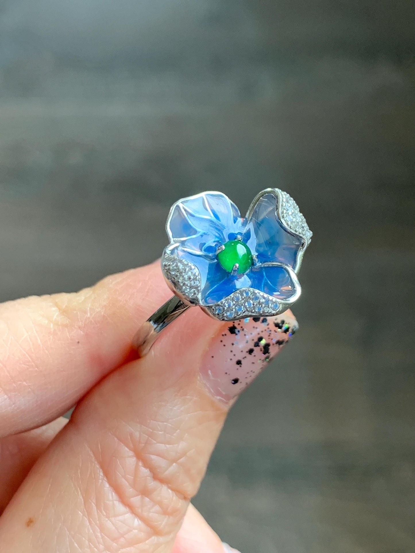 Natural Grade A Guatemalan Icy Translucent Vibrant Green Jade Jadeite Flower Ring Sterling Silver Blue Resin 3g 天然冰危绿翡翠银镶花戒指 LHH82R