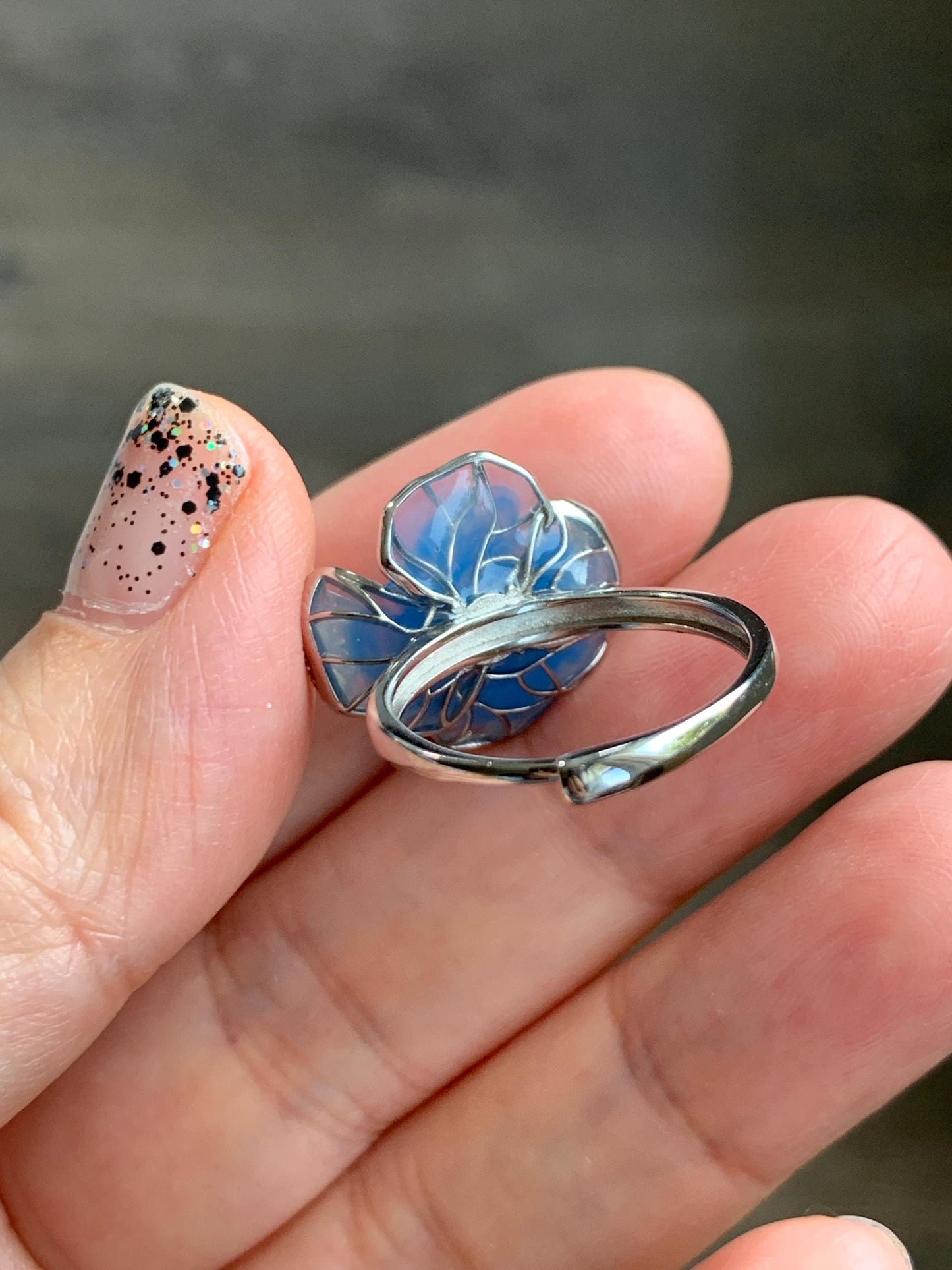 Natural Grade A Guatemalan Icy Translucent Vibrant Green Jade Jadeite Flower Ring Sterling Silver Blue Resin 3g 天然冰危绿翡翠银镶花戒指 LHH82R