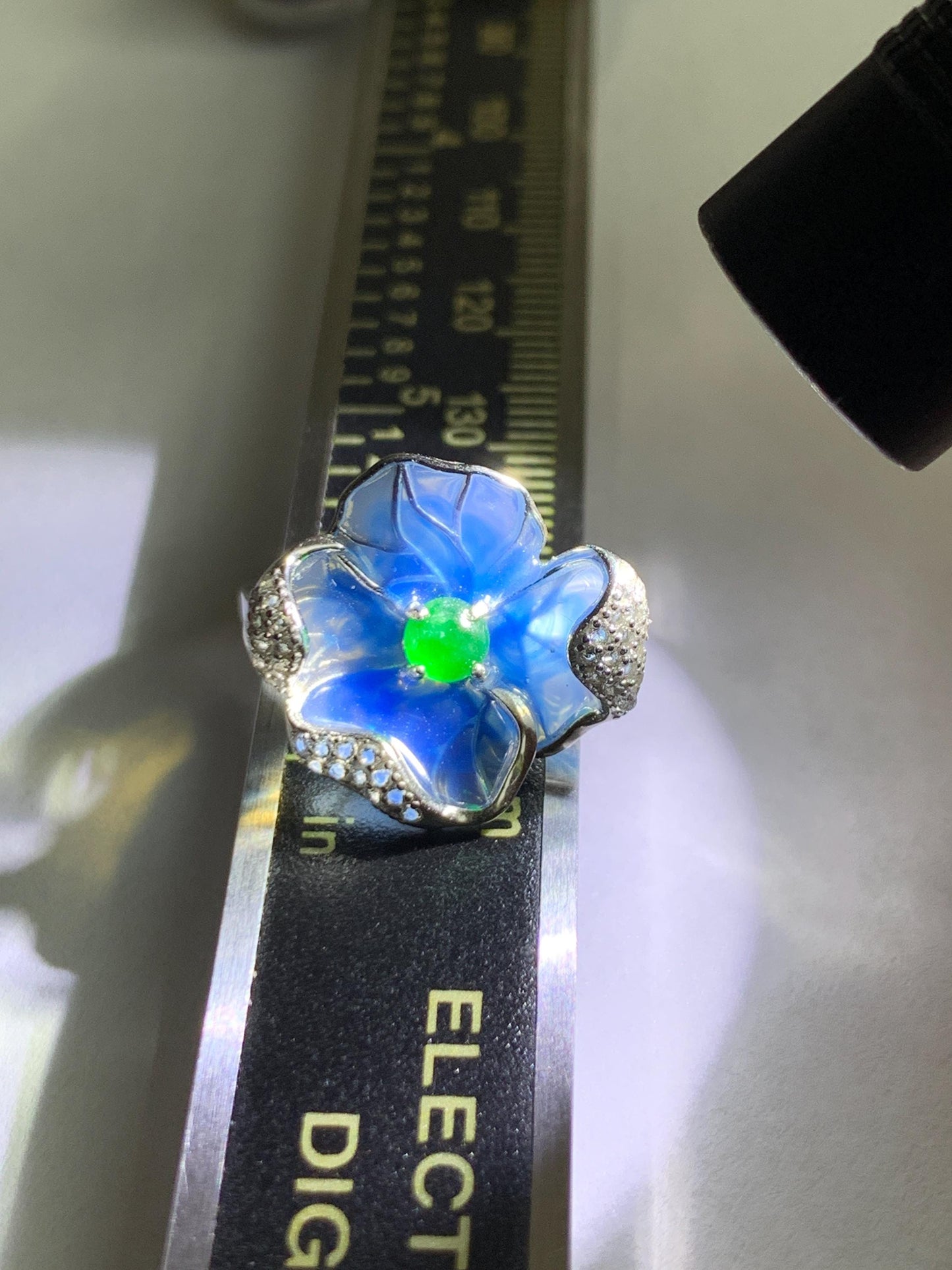 Natural Grade A Guatemalan Icy Translucent Vibrant Green Jade Jadeite Flower Ring Sterling Silver Blue Resin 3g 天然冰危绿翡翠银镶花戒指 LHH82R