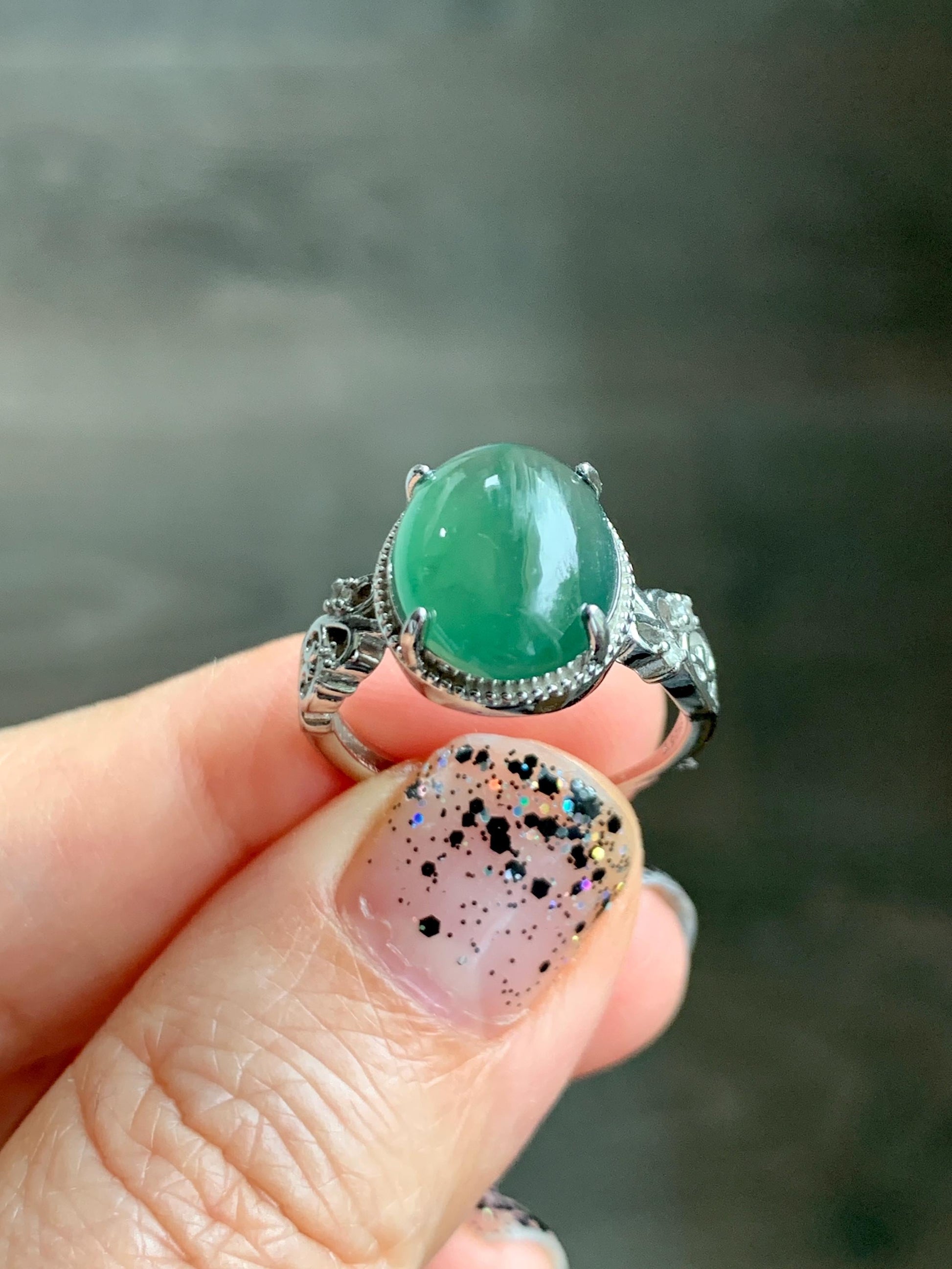 Natural Grade A Guatemalan Icy Translucent Dark Teal Green Oval Jade Jadeite Ring Sterling Silver Size Adjustable 天然冰危深蓝绿翡翠银镶戒指 WSL132